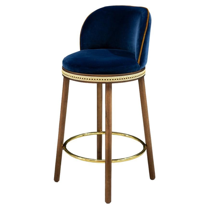 DOOQ Mid-Century Modern Bar Chair Alma with Blue Velvet, Walnut Wood and Brass For Sale