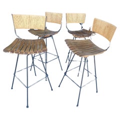 Mid Century Modern Bar & Counter Stools w Raffia & Maple & Iron - Arthur Umanoff