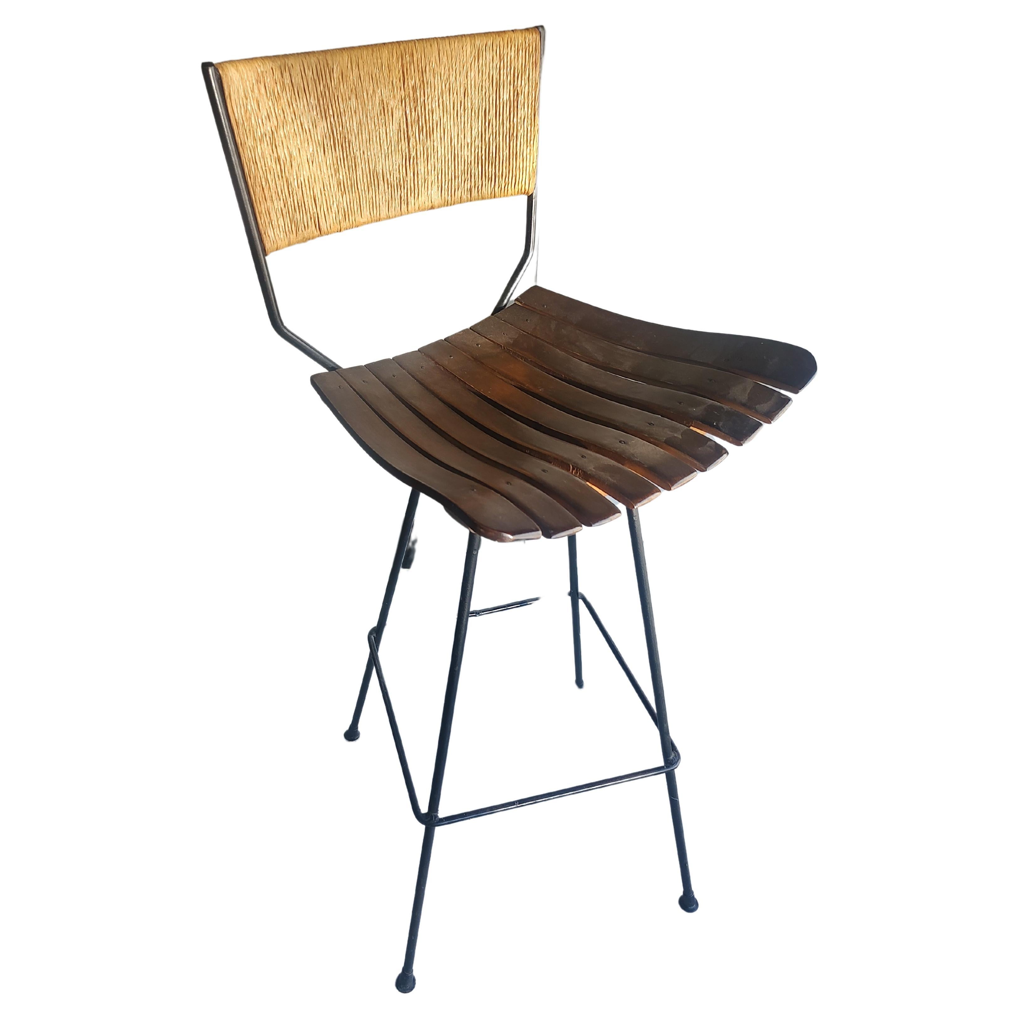 Mid-Century Modern Mid Century Modern Bar & Counter Stools w Raffia & Maple & Iron - Arthur Umanoff