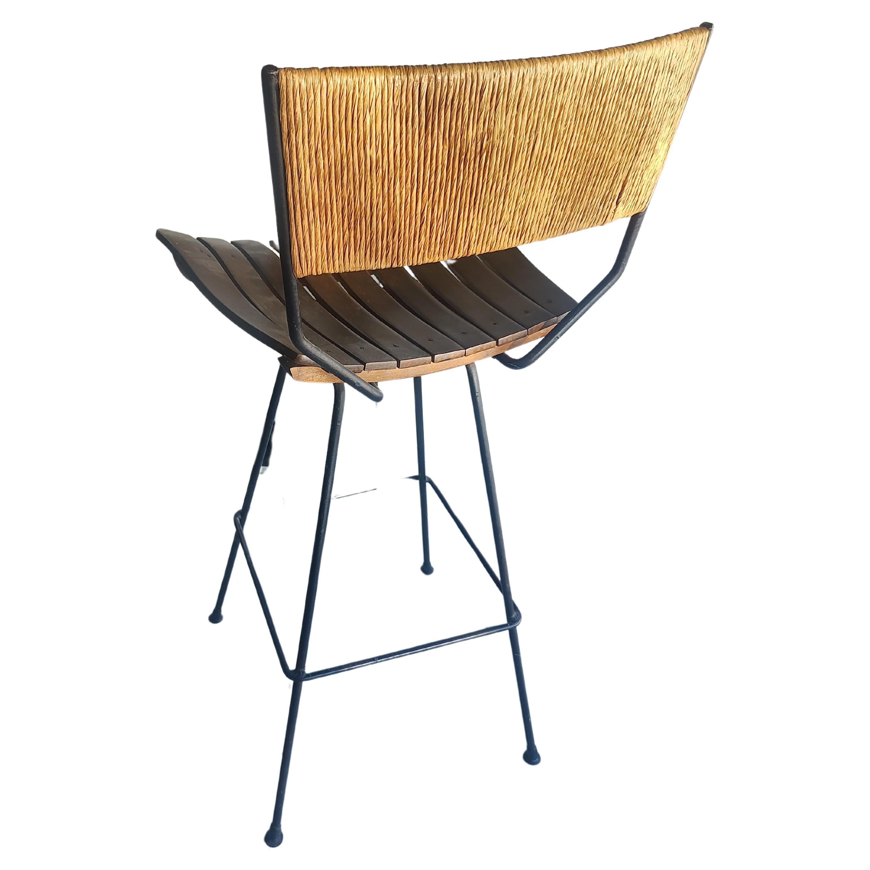 American Mid Century Modern Bar & Counter Stools w Raffia & Maple & Iron - Arthur Umanoff