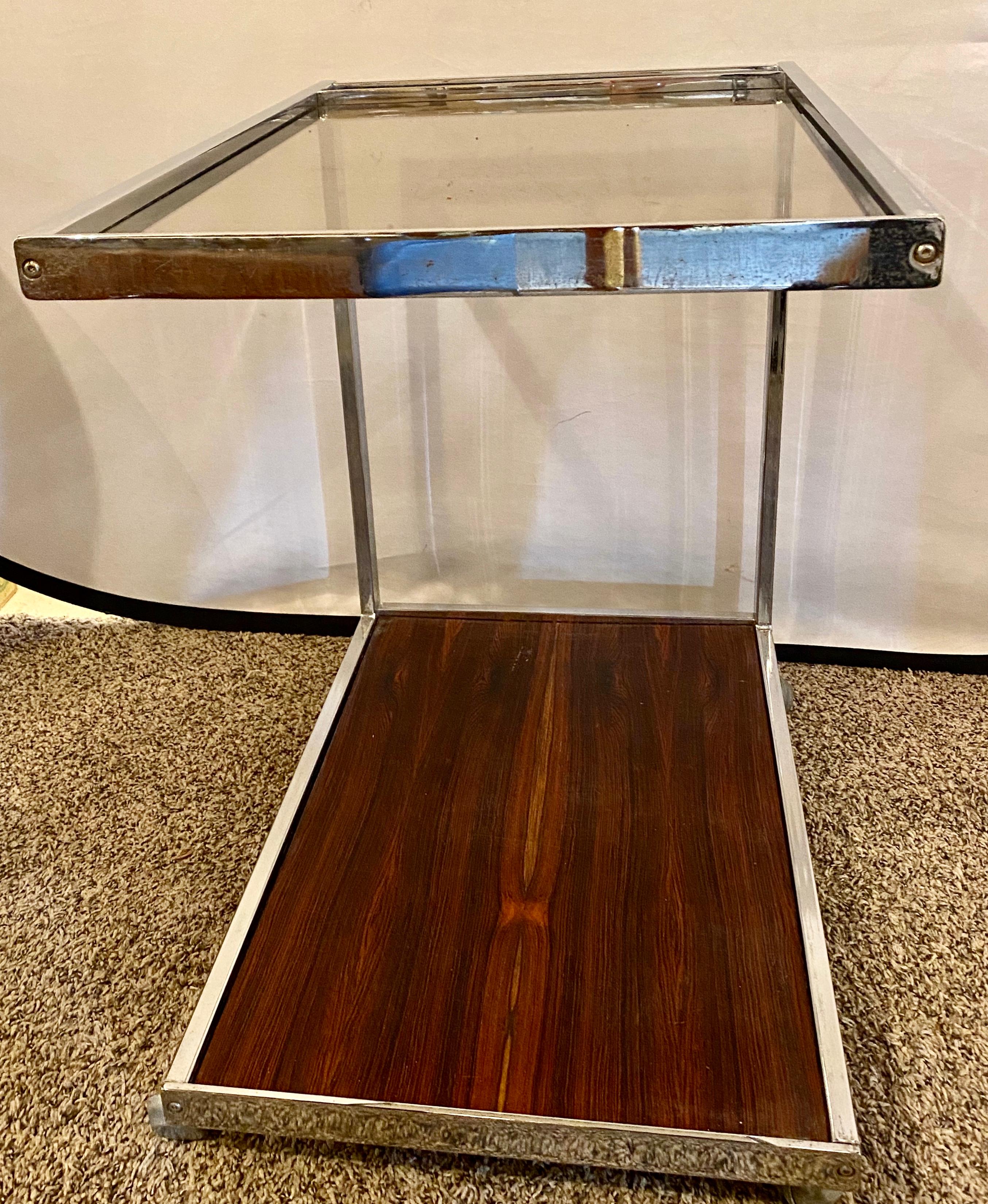Mid-Century Modern Bar or Serving Cart, Rosewood & Chrome on Casters For Sale 7
