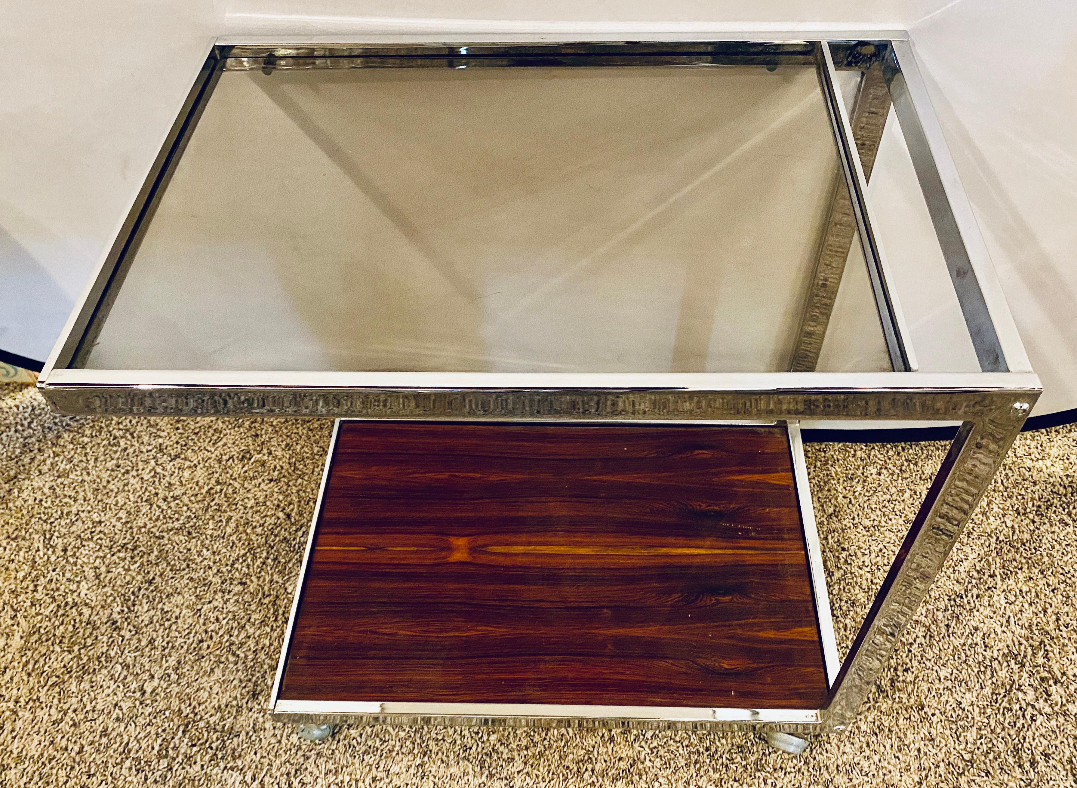 Mid-20th Century Mid-Century Modern Bar or Serving Cart, Rosewood & Chrome on Casters For Sale