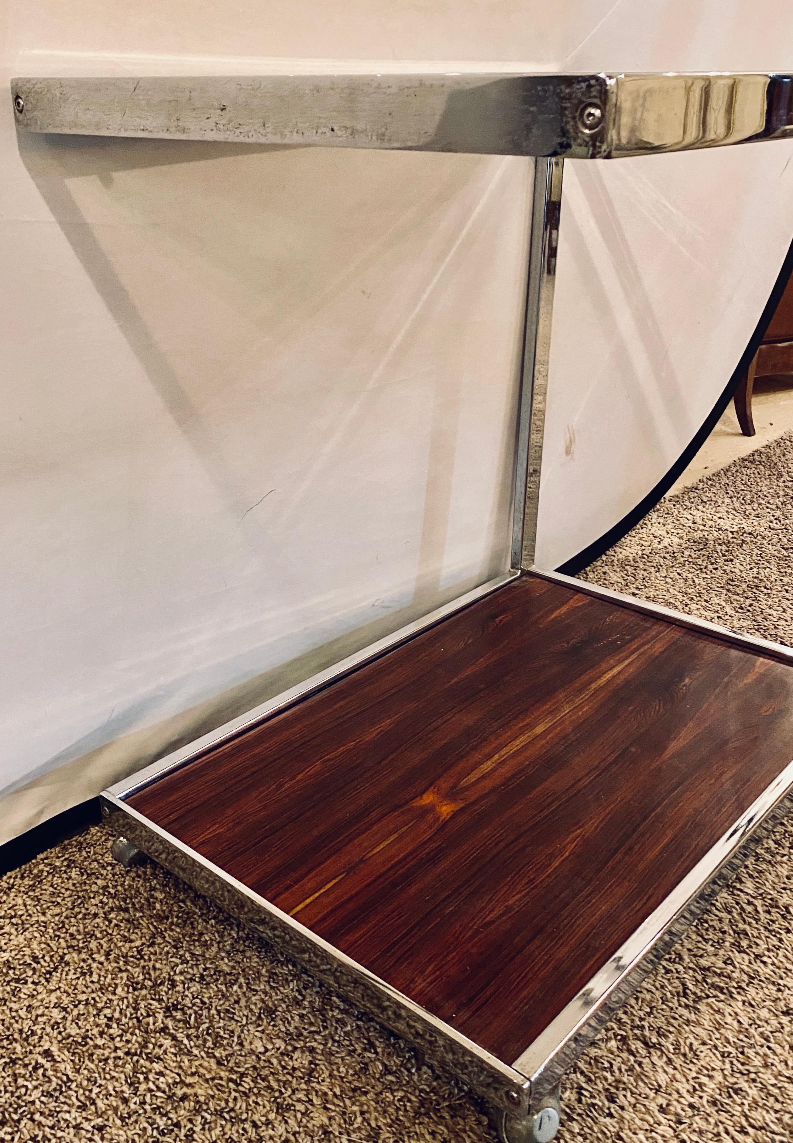 Mid-Century Modern Bar or Serving Cart, Rosewood & Chrome on Casters For Sale 2