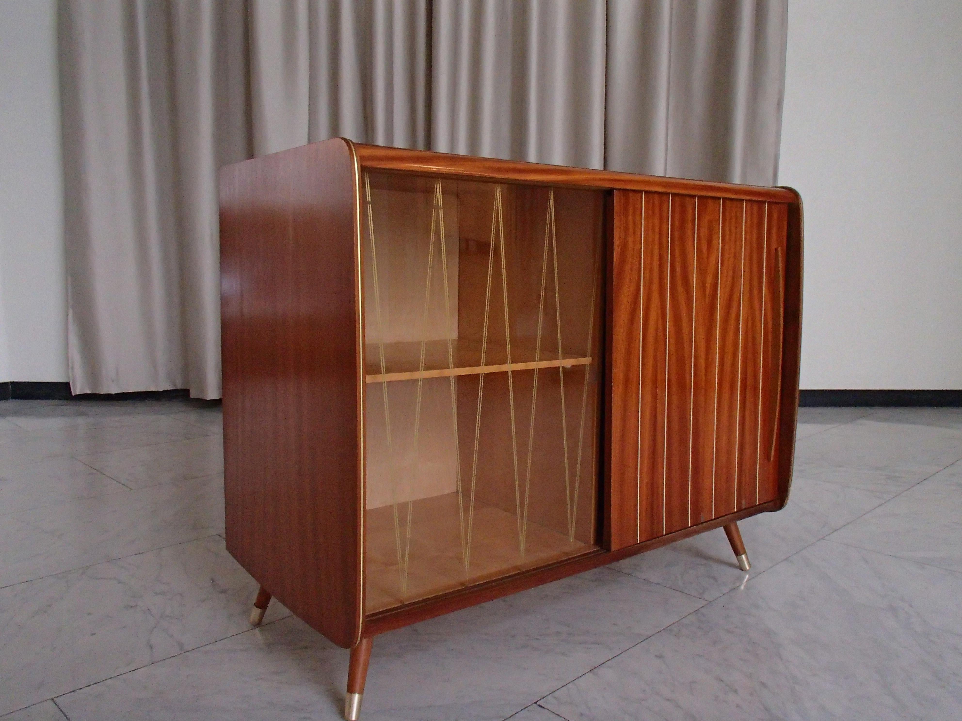 German Mid Century Modern Bar or Vitrine with 2 Sliding Doors For Sale