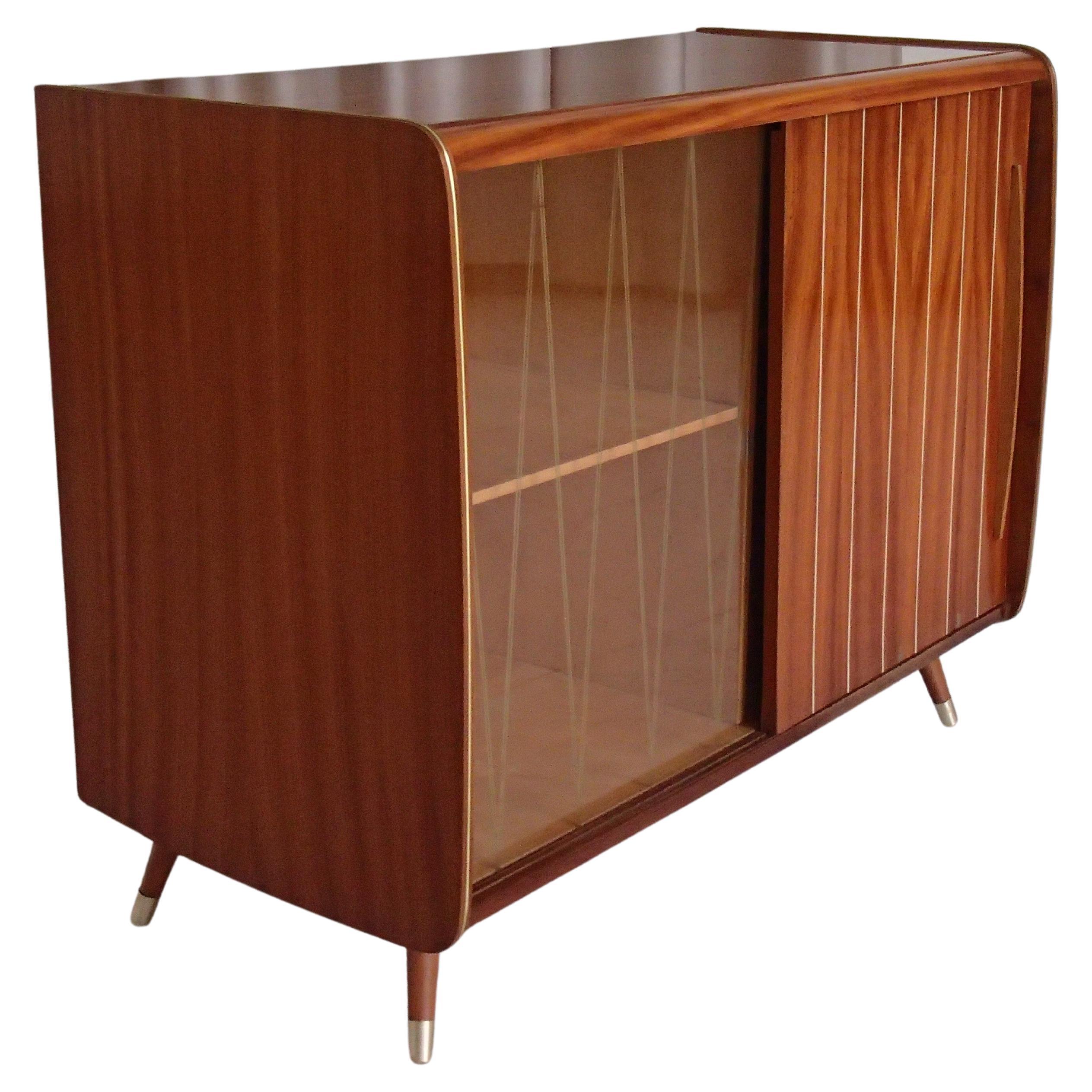 Mid Century Modern Bar or Vitrine with 2 Sliding Doors For Sale