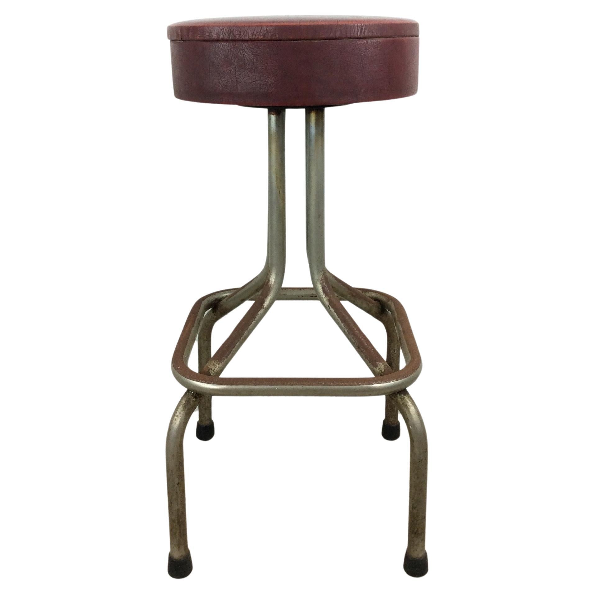 Mid Century Modern Bar Stool with Red Vinyl Upholstery