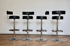 Mid Century Modern Bar Stools Black Leather & Chrome, Italy 1970s, Set of 4