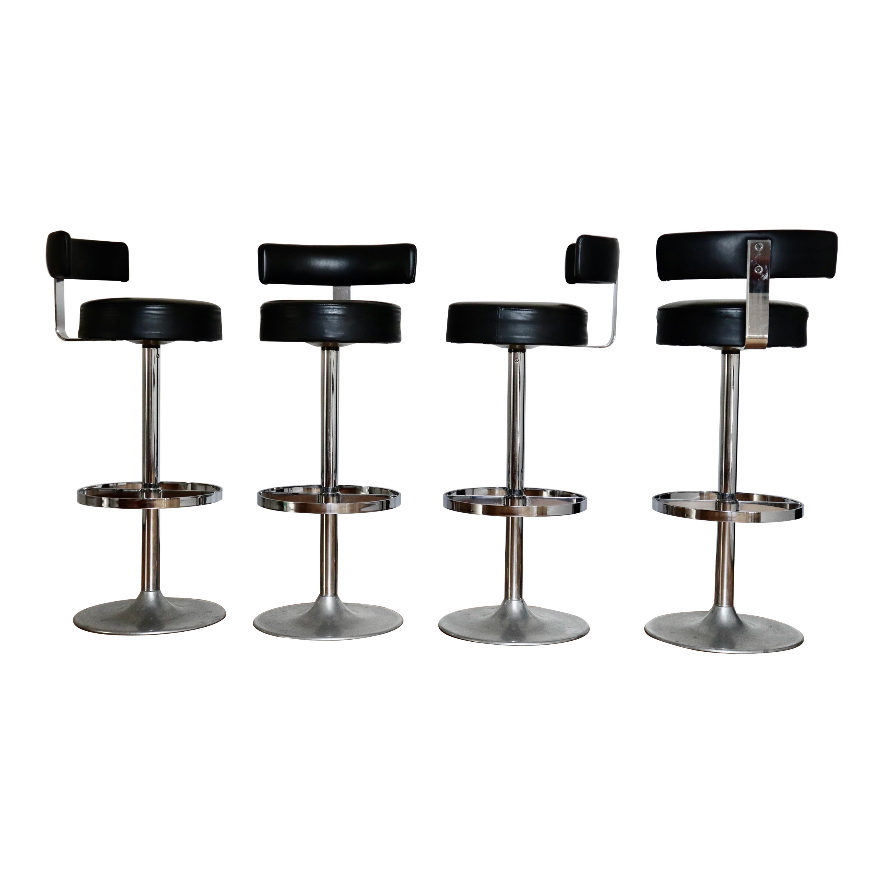 Mid Century Modern Bar Stools Black Leather & Chrome, Italy 1970s, Set of 4
