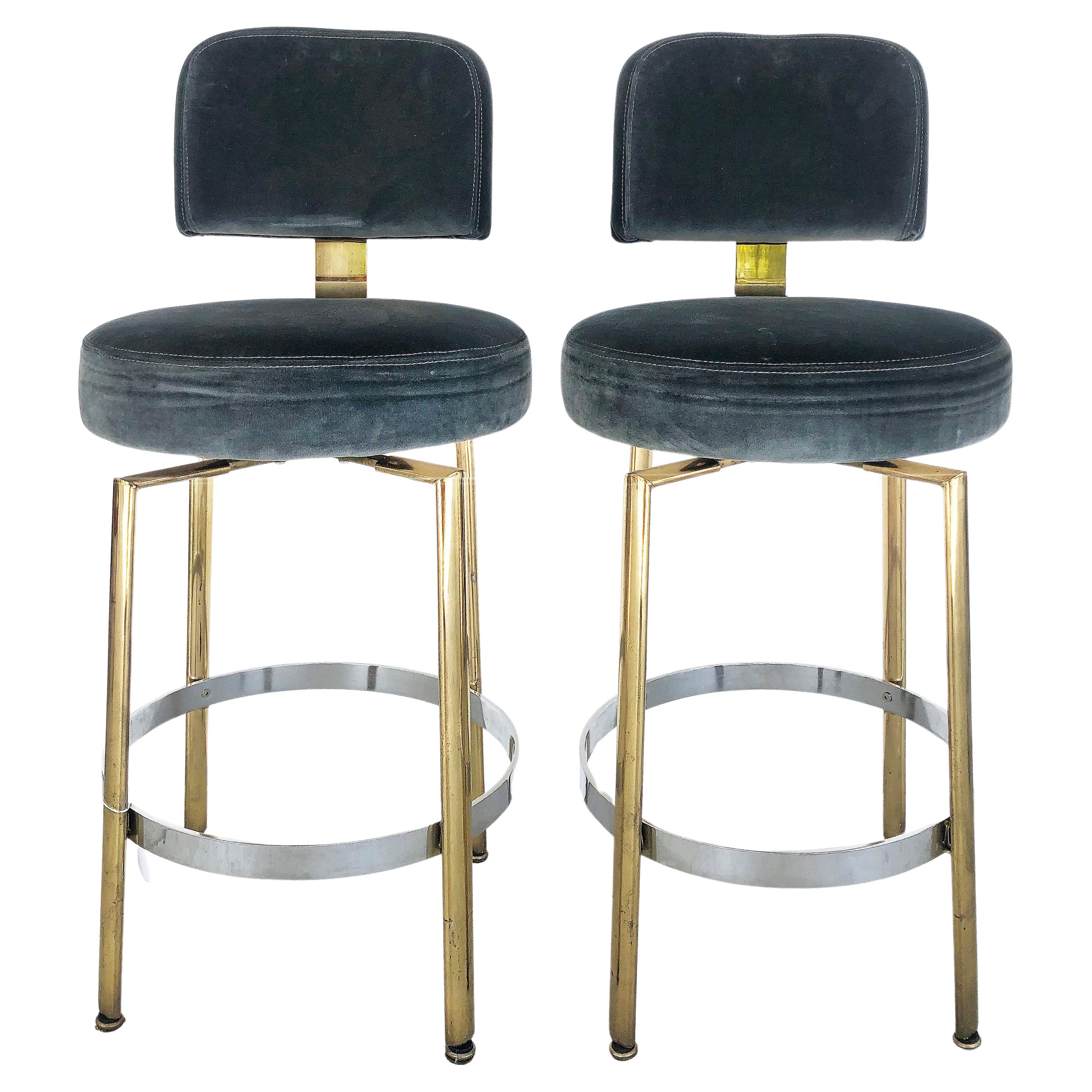 MidCentury Modern Bar Swivel Stools with Pollack NYC Velvet Upholstery