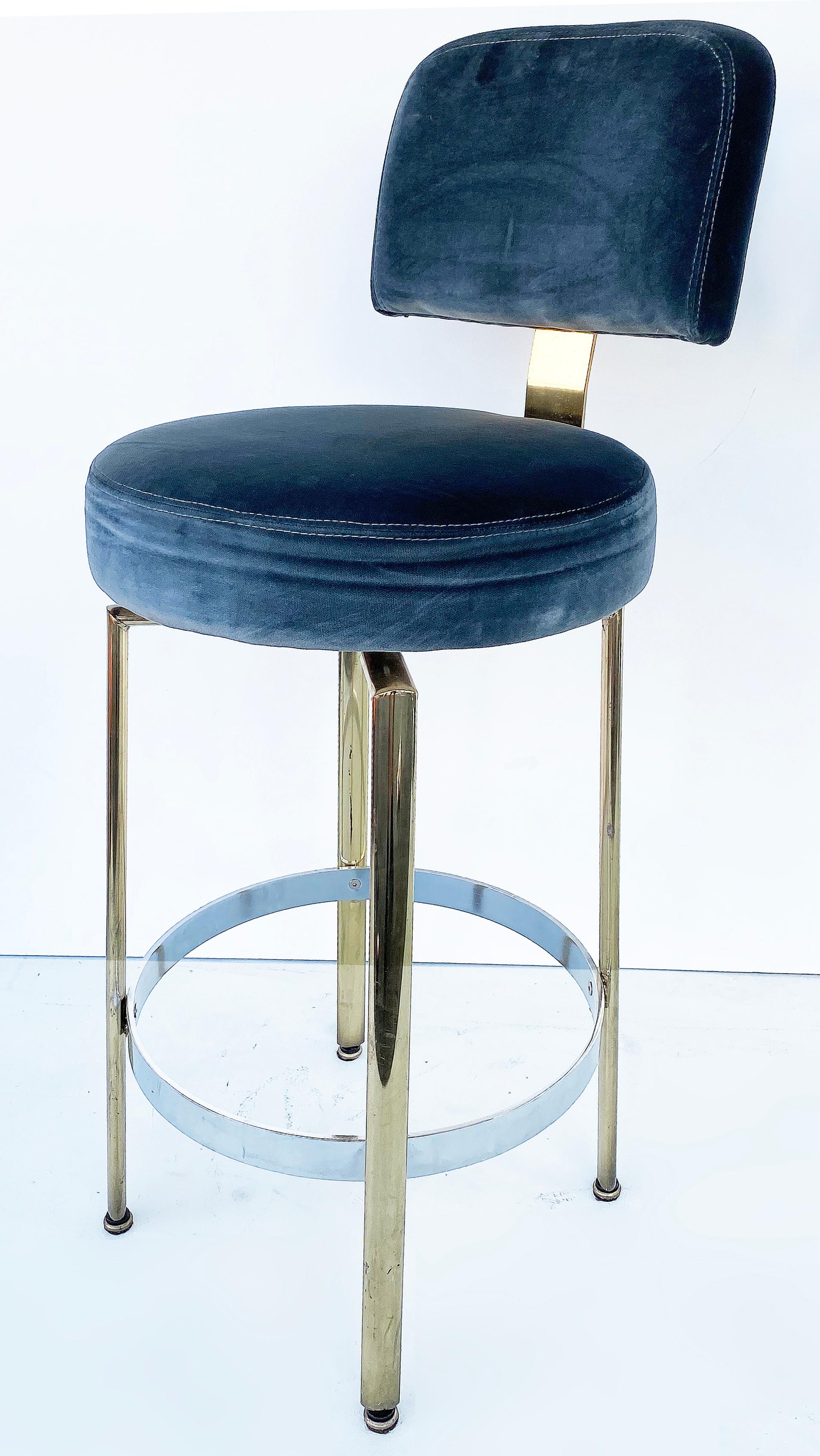 Mid-Century Modern Bar Swivel Stools with Pollack NYC Velvet Upholstery, Pair In Good Condition In Miami, FL