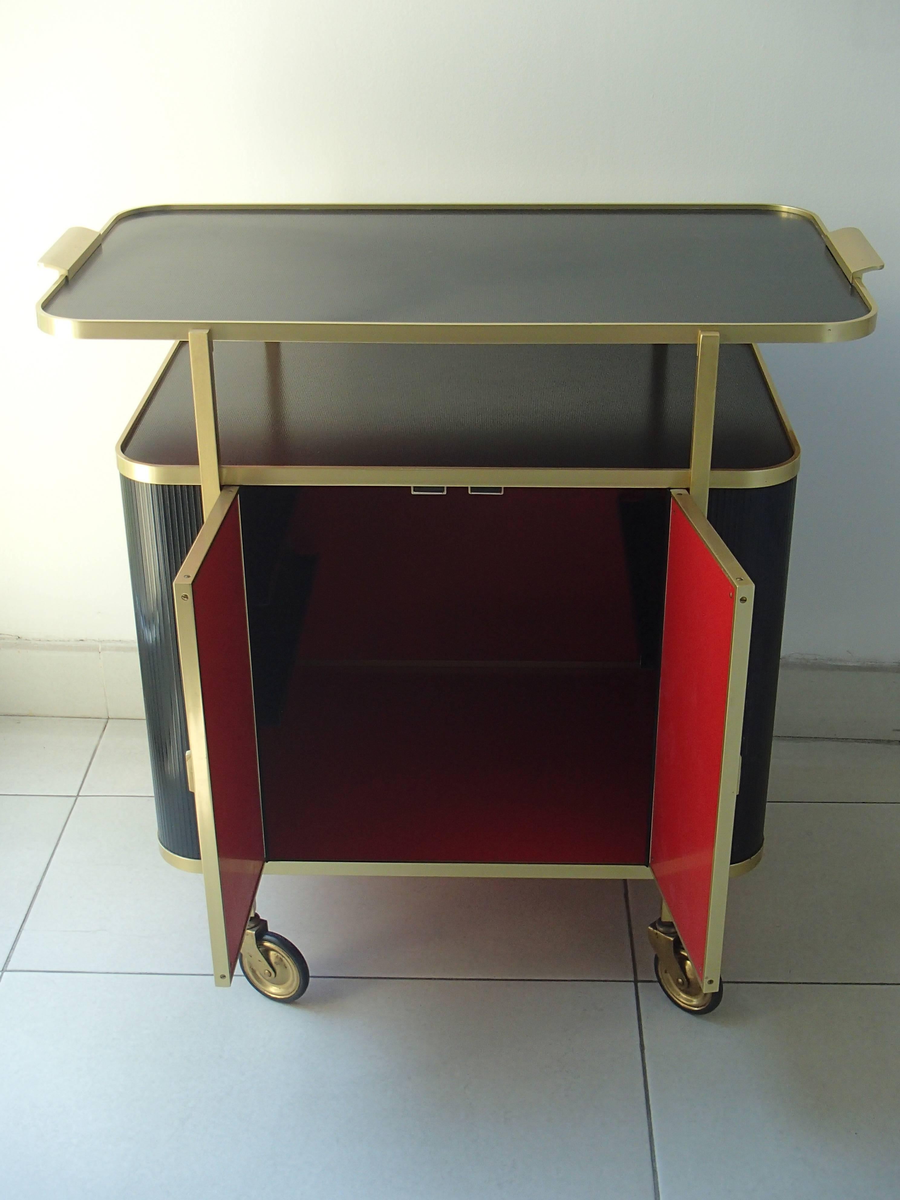 English Mid-Century Modern Bar Trolley Black Aluminium Gold and Red Inside