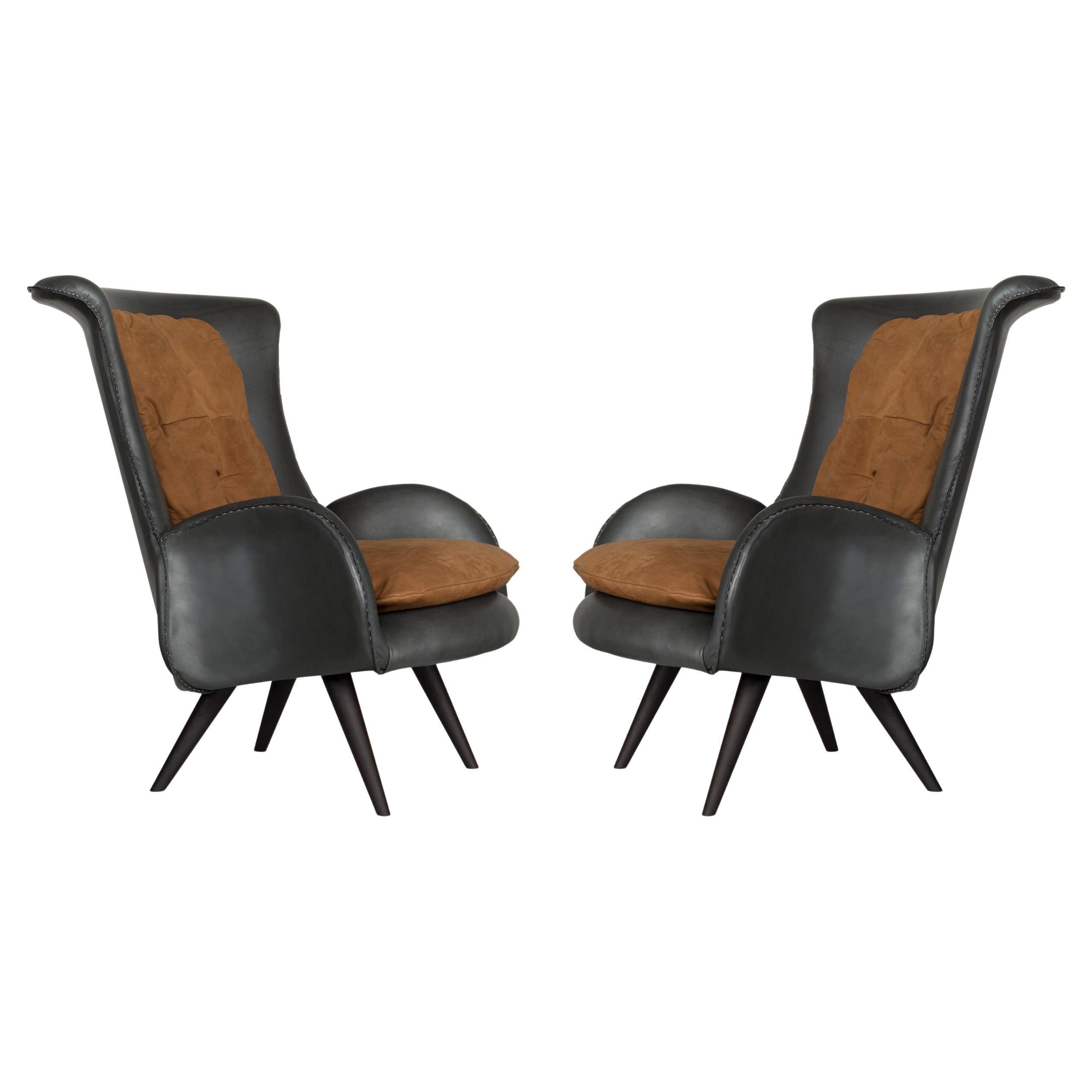 Mid-Century Modern Barao Set/2 Lounge Chairs, Caramel Leather, by Greenapple For Sale