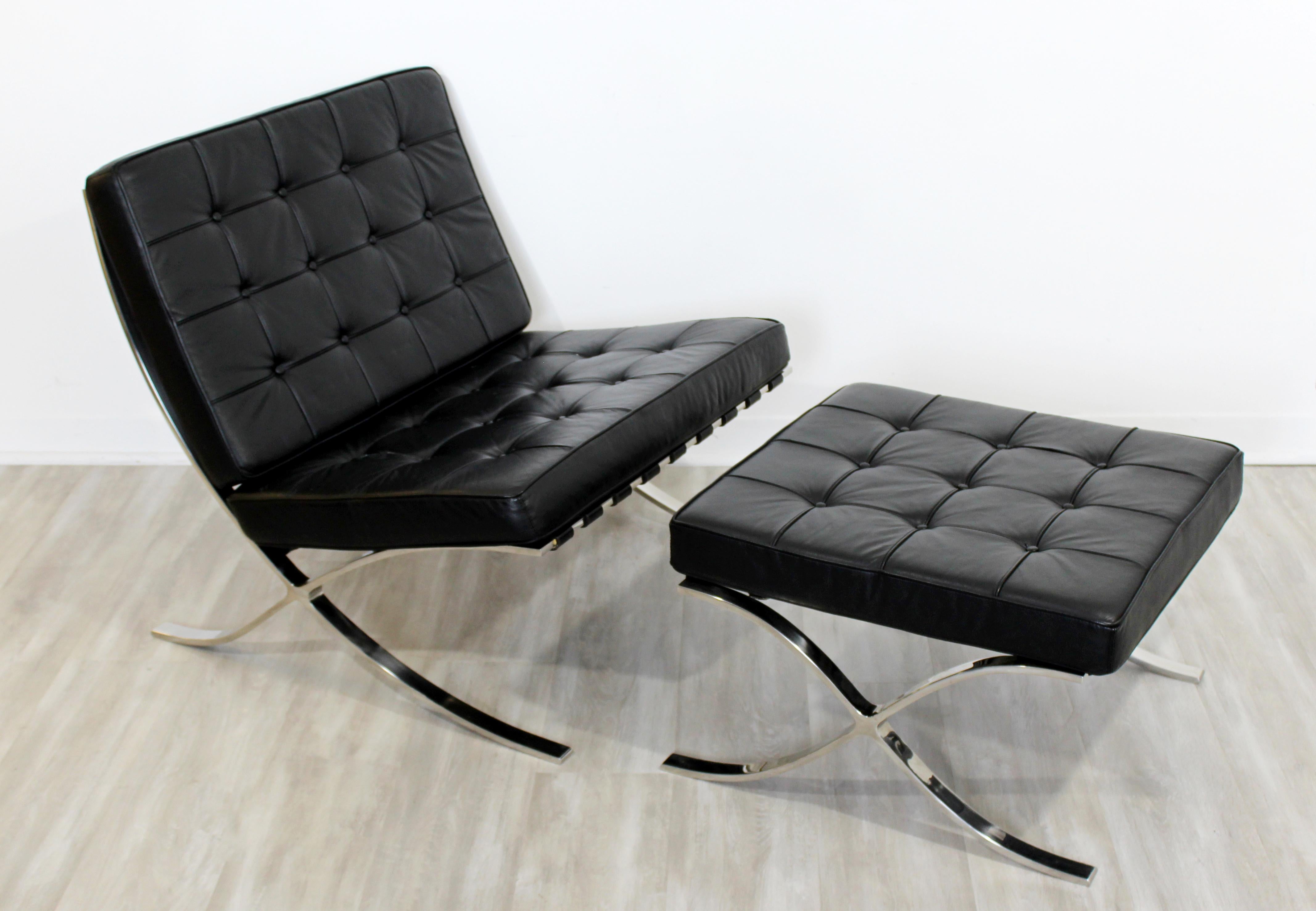 For your consideration is a Barcelona style chrome lounge chair and ottoman, with black leather upholstery, circa 1970s. In good vintage condition, with some blemishes in the leather. The dimensions of the chair are 30