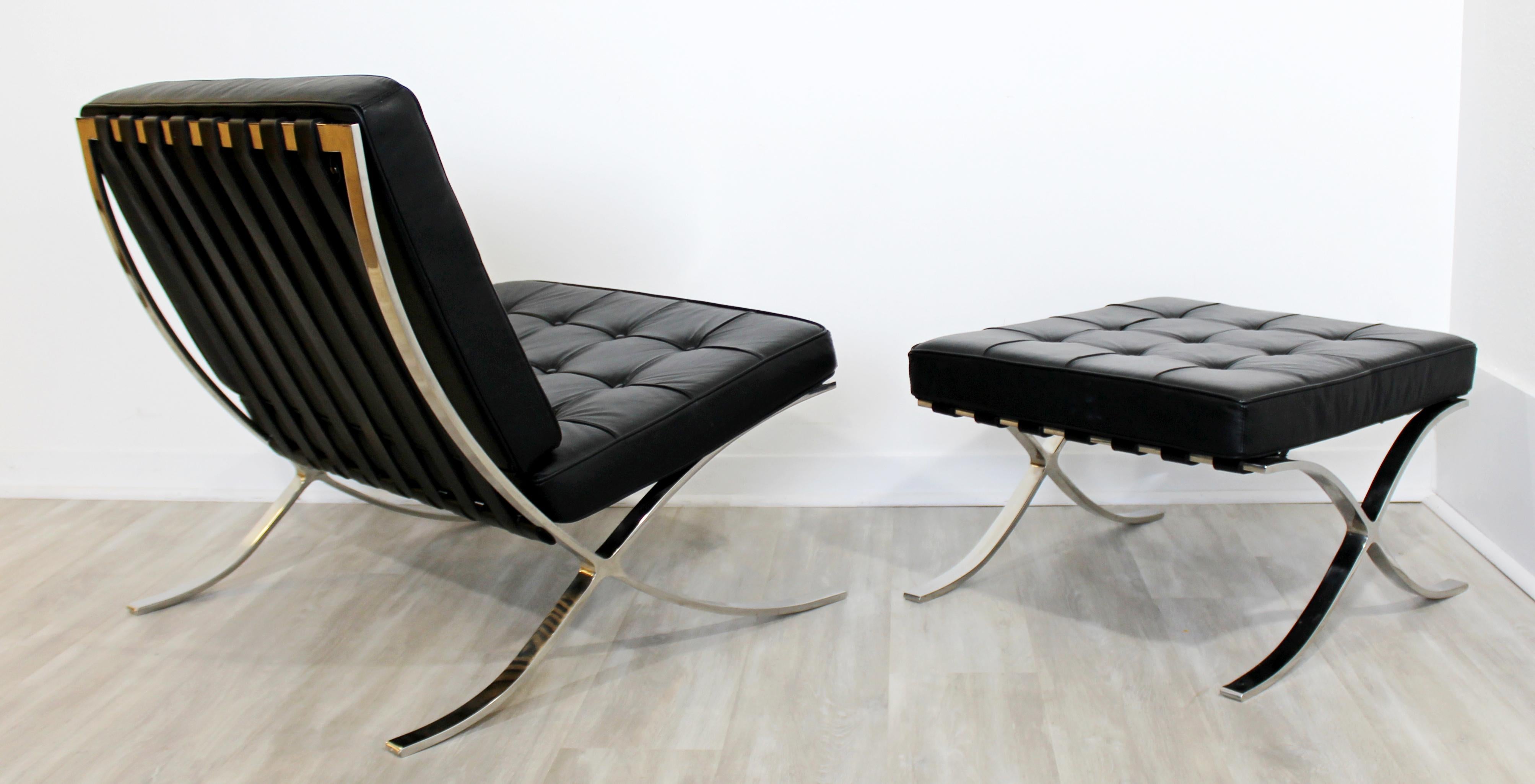 Italian Mid-Century Modern Barcelona Style Black Leather & Chrome Lounge Chair & Ottoman