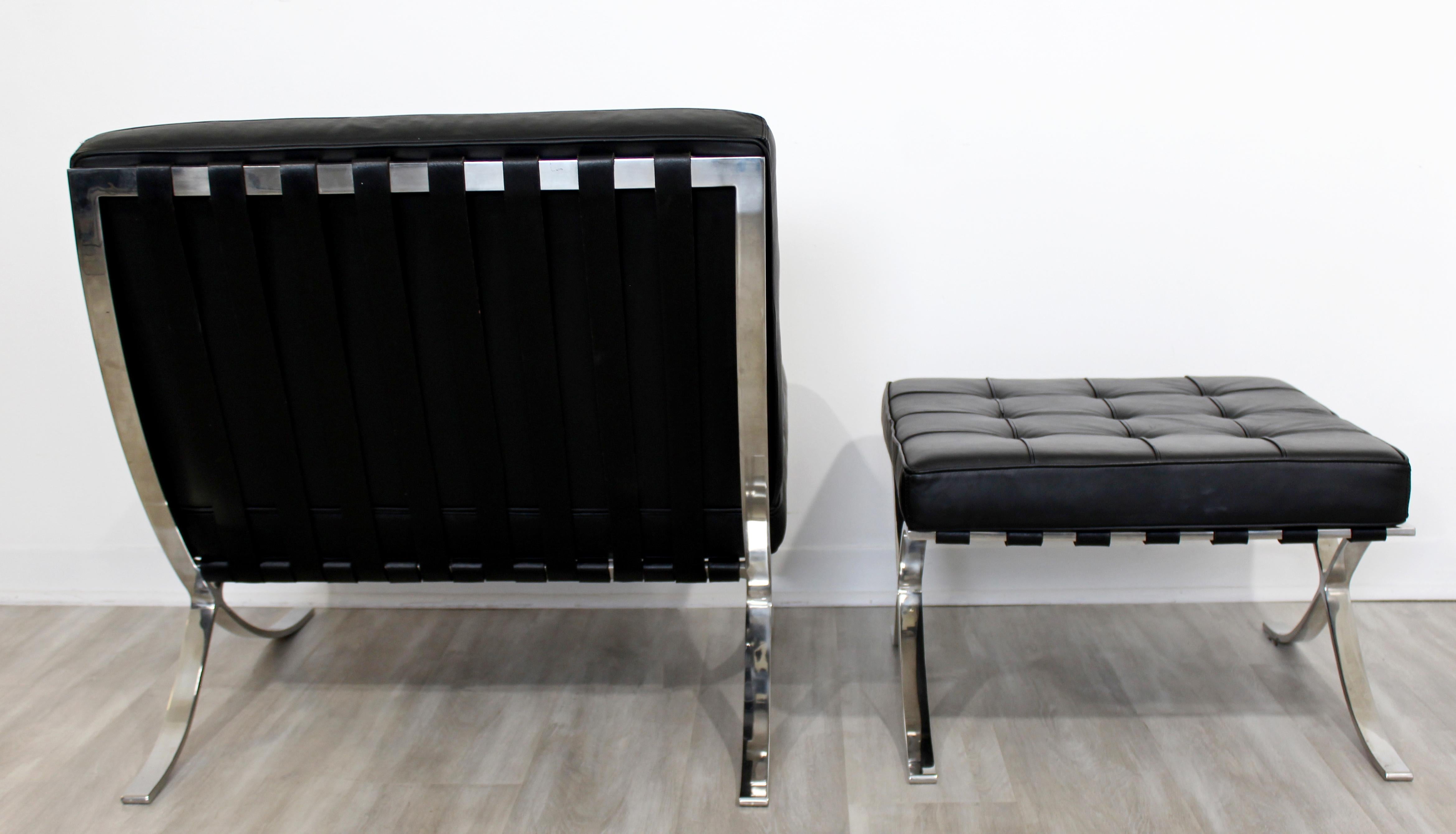 Late 20th Century Mid-Century Modern Barcelona Style Black Leather & Chrome Lounge Chair & Ottoman