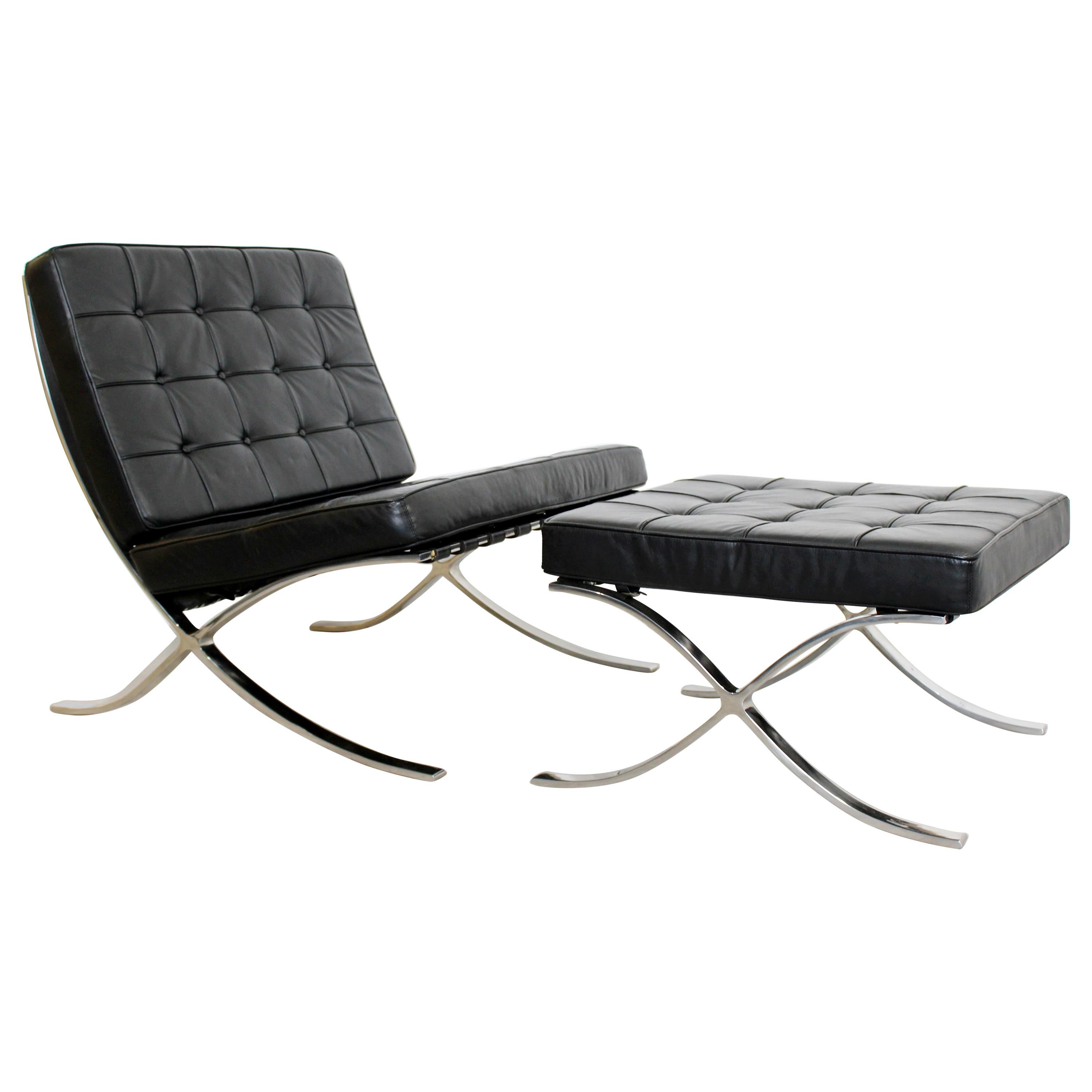 Mid-Century Modern Barcelona Style Black Leather & Chrome Lounge Chair & Ottoman