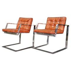 Mid Century Modern Barcelona Style Chrome Armchairs Circa 1970 Leather 