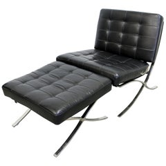 Mid-Century Modern Barcelona Style Leather Chrome Lounge Chair and Ottoman