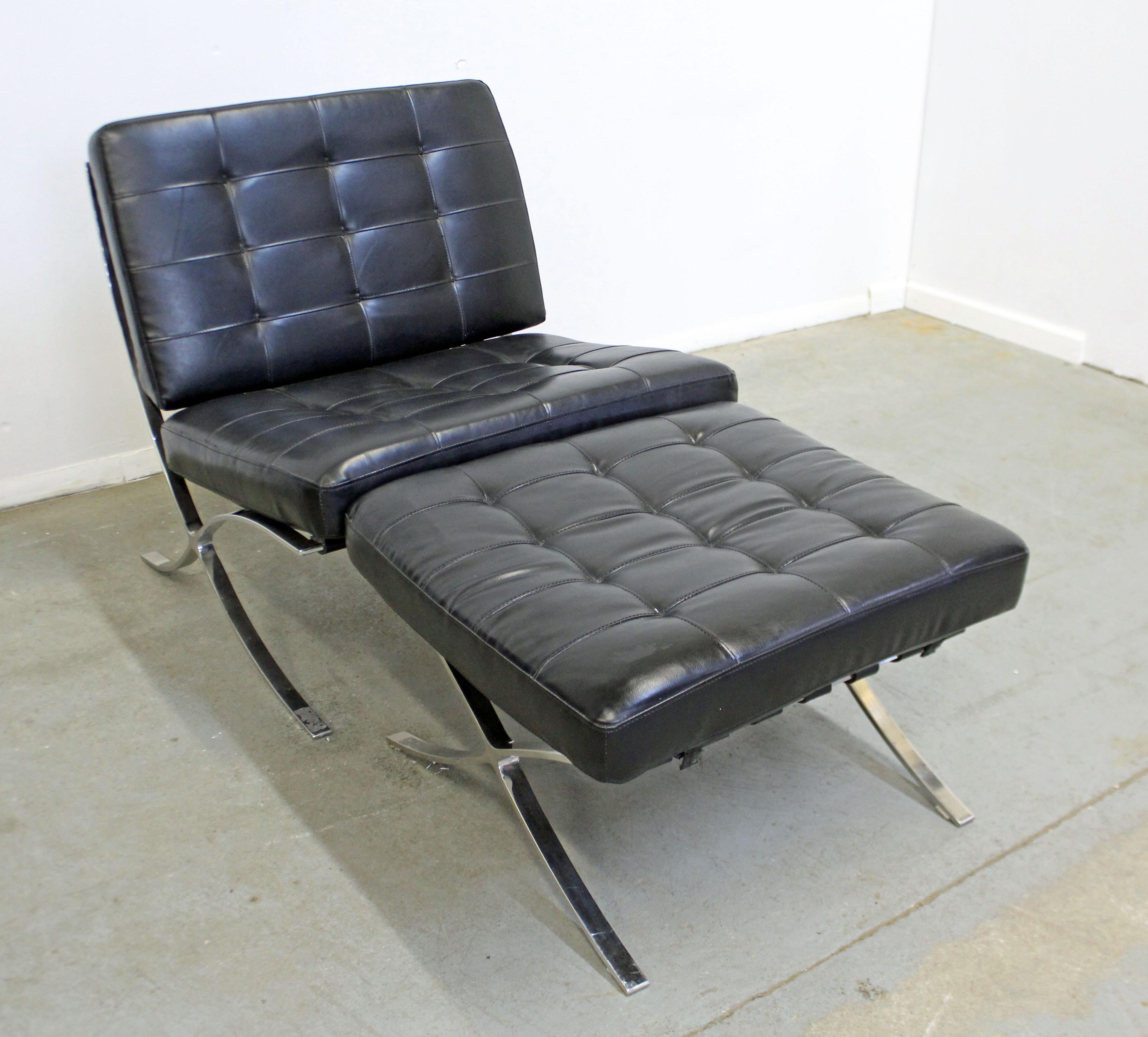 Offered is a Mid-Century Modern Barcelona style lounge chair with a chrome frame and leather cushions & a matching ottoman. It is in good condition for its age, shows slight age wear (slight wear on upholstery, strapping is usable, scratches/wear on