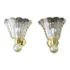 Mid-Century Modern Barovier Style Murano Glass Sconces, Brass, Italy