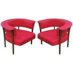 Mid-Century Modern Barrel Back Lounge Chairs in Red Fabric with Walnut Oakwood