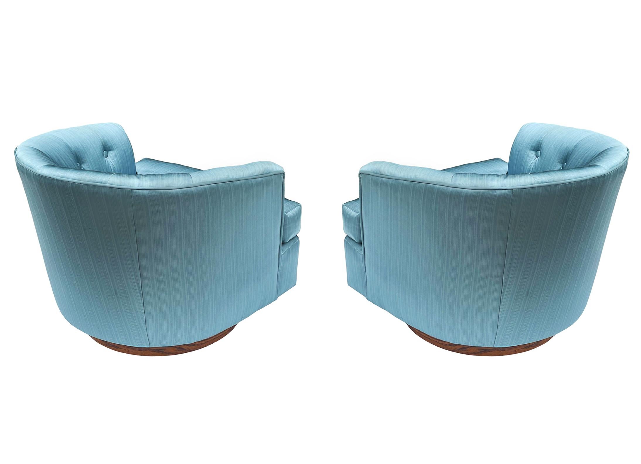 Fabric Mid-Century Modern Barrel Back Swivel Club Chairs or Lounge Chairs Walnut Base For Sale