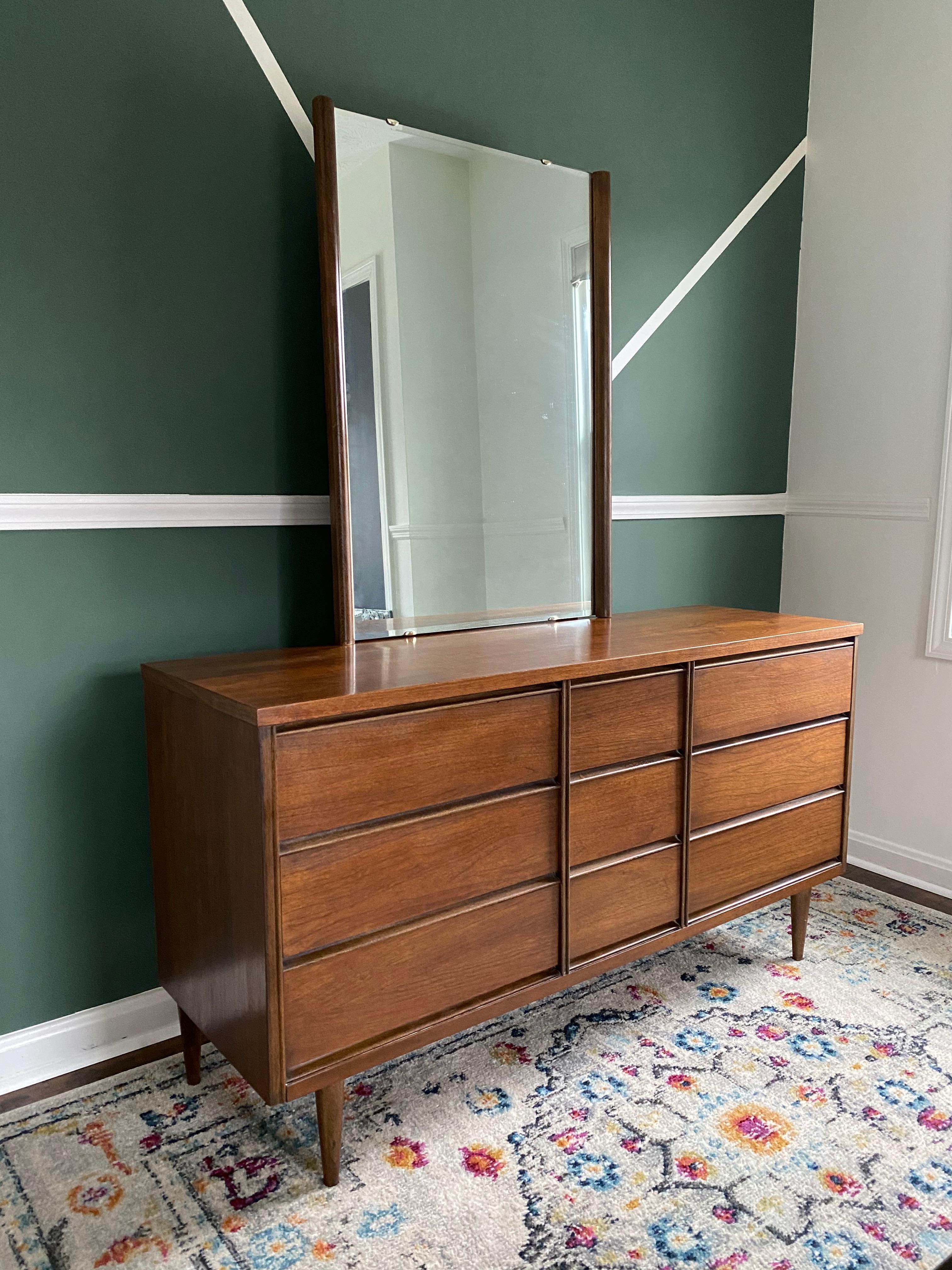 Mid-Century Modern Mid Century Modern Bassett Fanfare 9 Drawer Low-Boy Dresser with Mirror