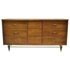 Mid-Century Modern Bassett Walnut Long Dresser Credenza with Brass Stretcher