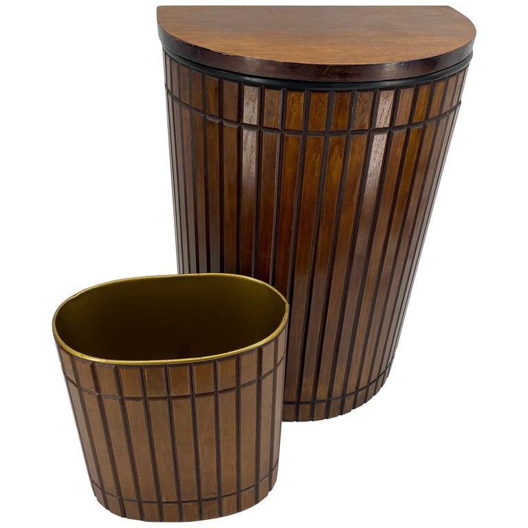 MidCentury Modern Walnut Bathroom Hamper and Wastebasket Set, Circa