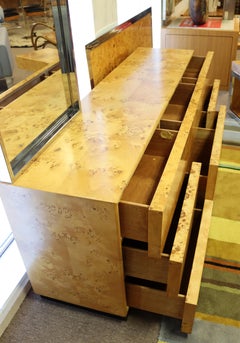 Mid Century Modern Umanoff Burl Wood Chrome Bedroom, Dresser, and Headboard 80s