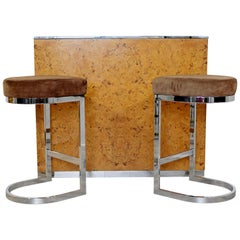 Mid-Century Modern Baughman Burl Wood Chrome Black Lacquer Bar & Pair Stools