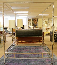 Mid-Century Chrome Black 4 Poster Queen Canopy Bed Frame, 1970s