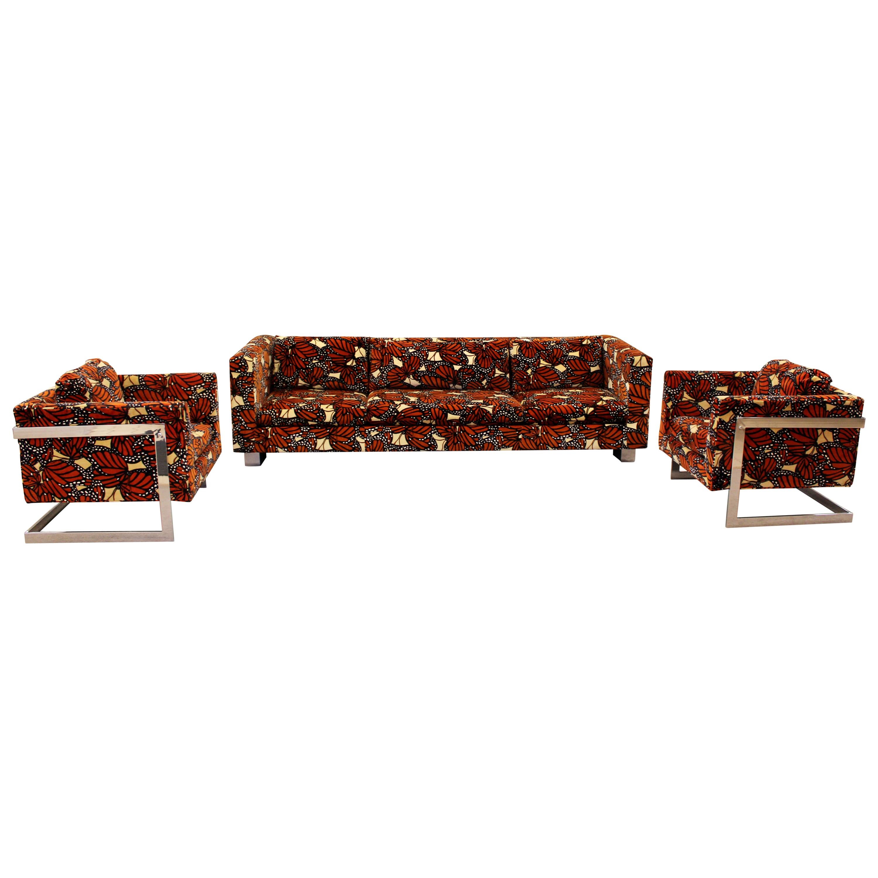 Mid-Century Modern Baughman Chrome Sofa and Pair Armchairs Lenor Larsen Monarch