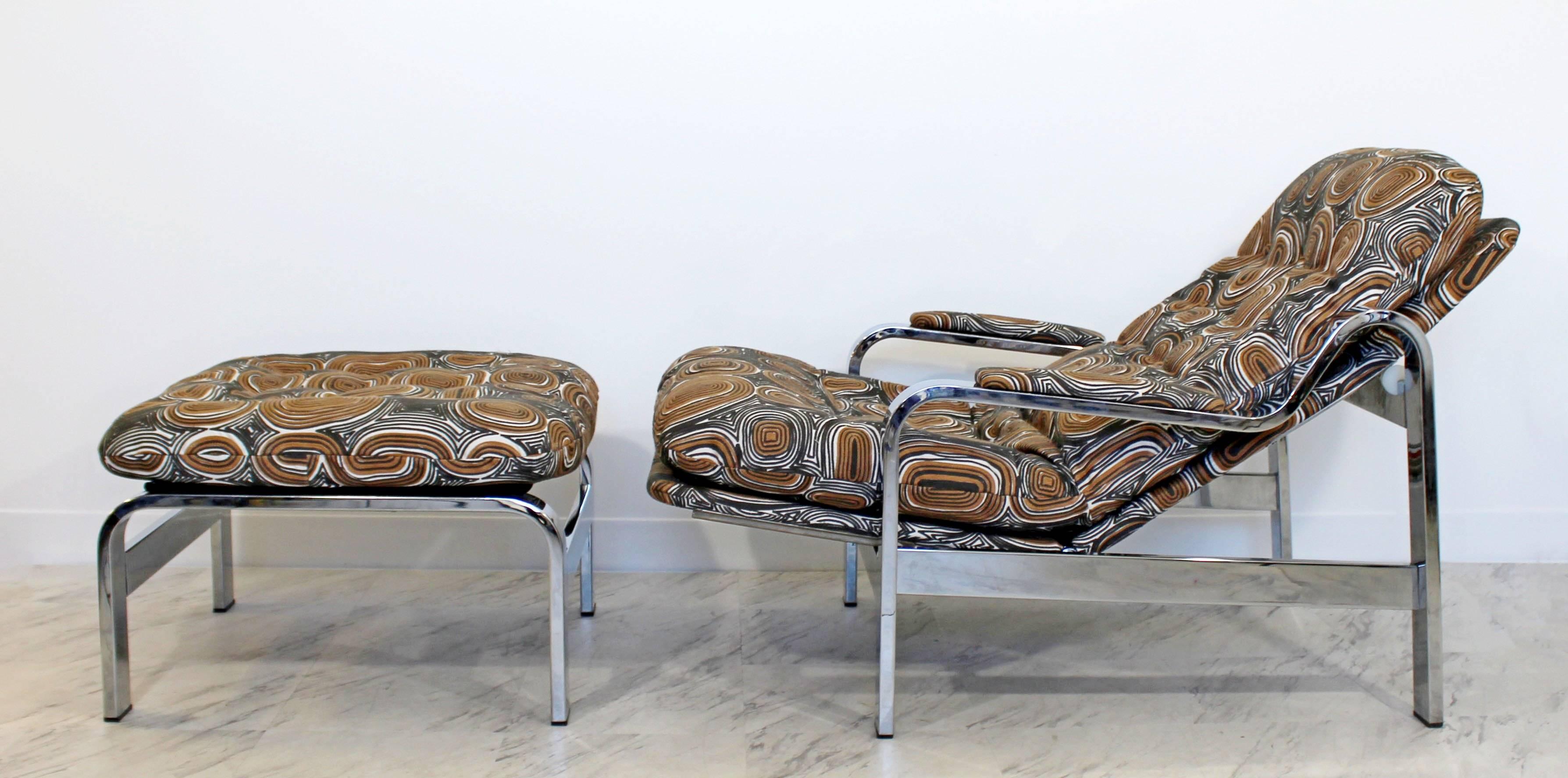 Upholstery Mid-Century Modern Baughman Chrome Steel Reclining Lounge Chair Ottoman Selig