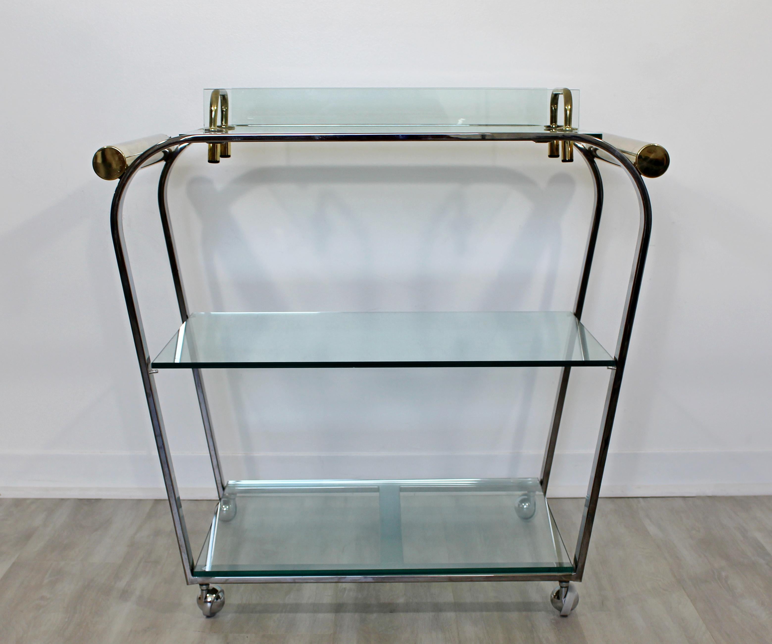 American Mid-Century Modern DIA 3-Tier Brass Chrome Glass Bar Serving Cart 1970s