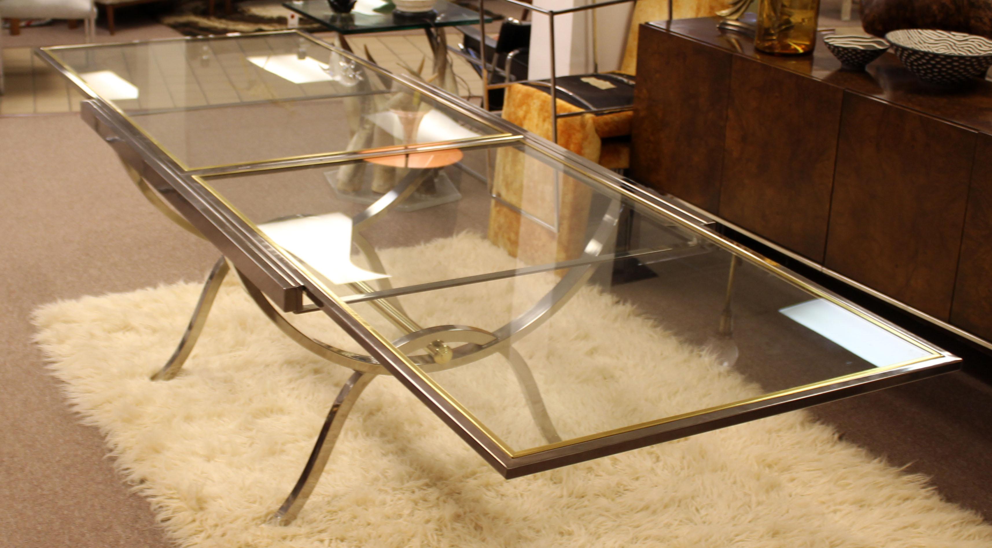 American Mid-Century Modern Baughman DIA Chrome Brass Glass Extendable Dining Table 1970s