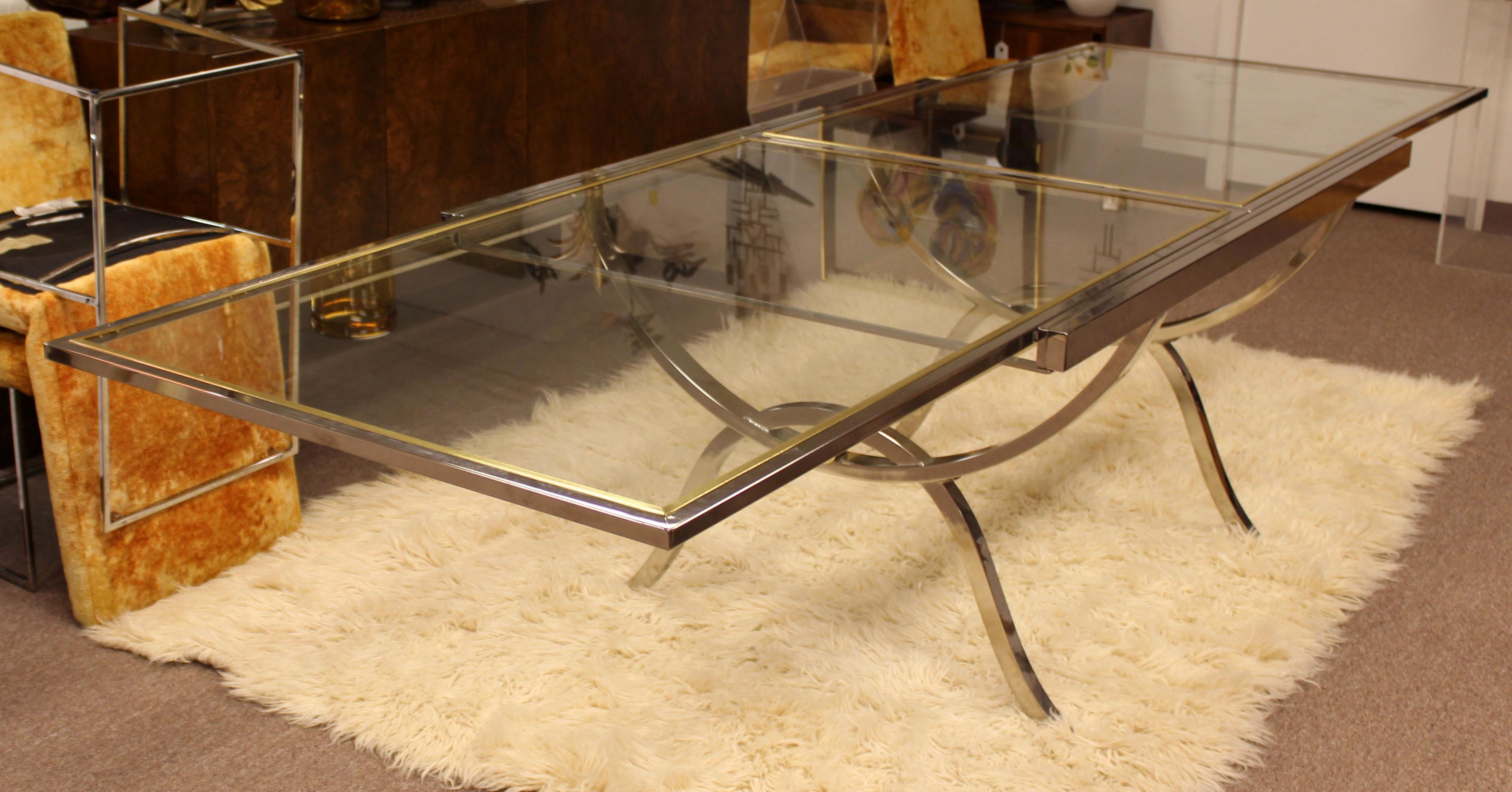 Mid-Century Modern Baughman DIA Chrome Brass Glass Extendable Dining Table 1970s In Good Condition In Keego Harbor, MI