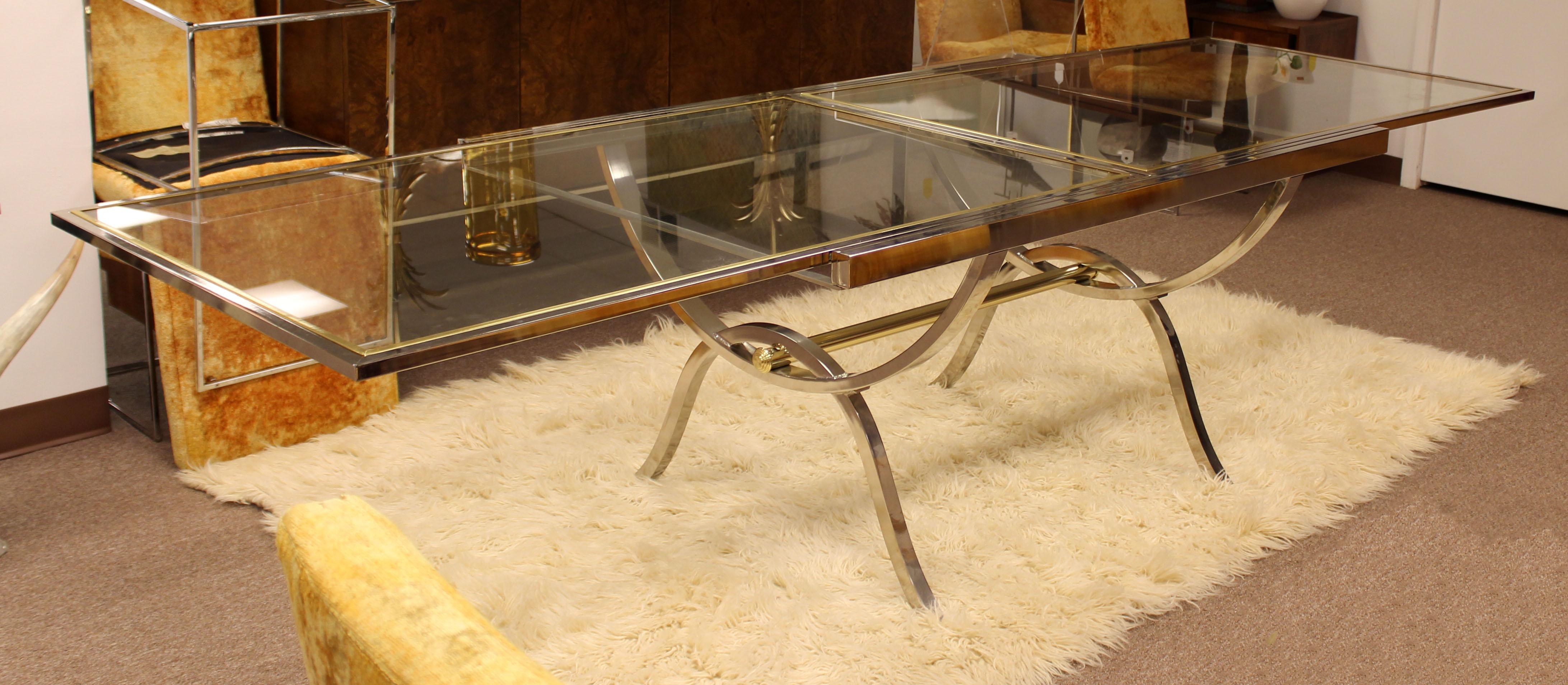 Late 20th Century Mid-Century Modern Baughman DIA Chrome Brass Glass Extendable Dining Table 1970s