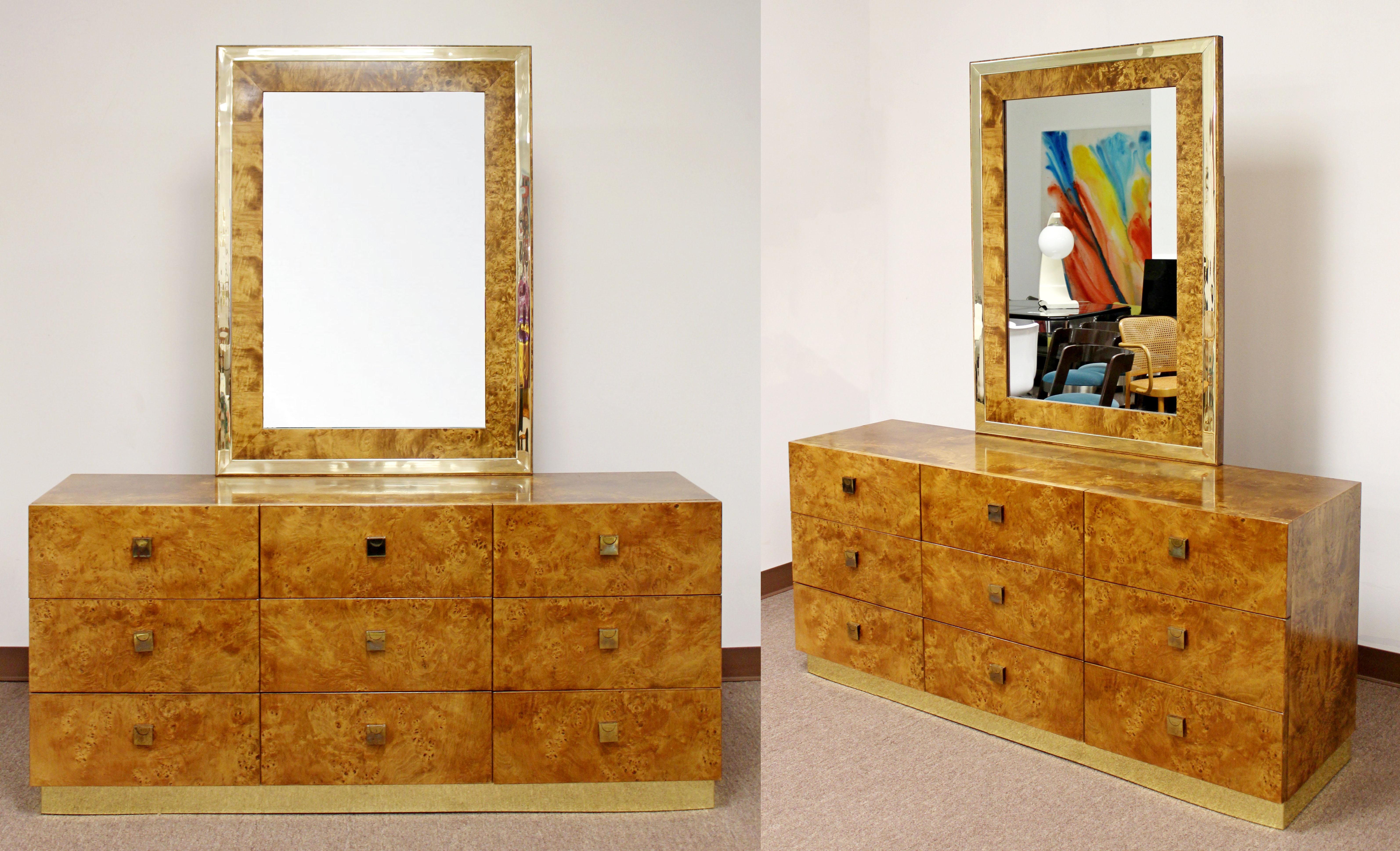 For your consideration is an absolutely breathtaking bedroom set, made of burl wood and brass, by Milo Baughman for Founders, circa 1970s. Set includes a highboy dresser, a lowboy with attached mirror, a nightstand and a queen headboard. In