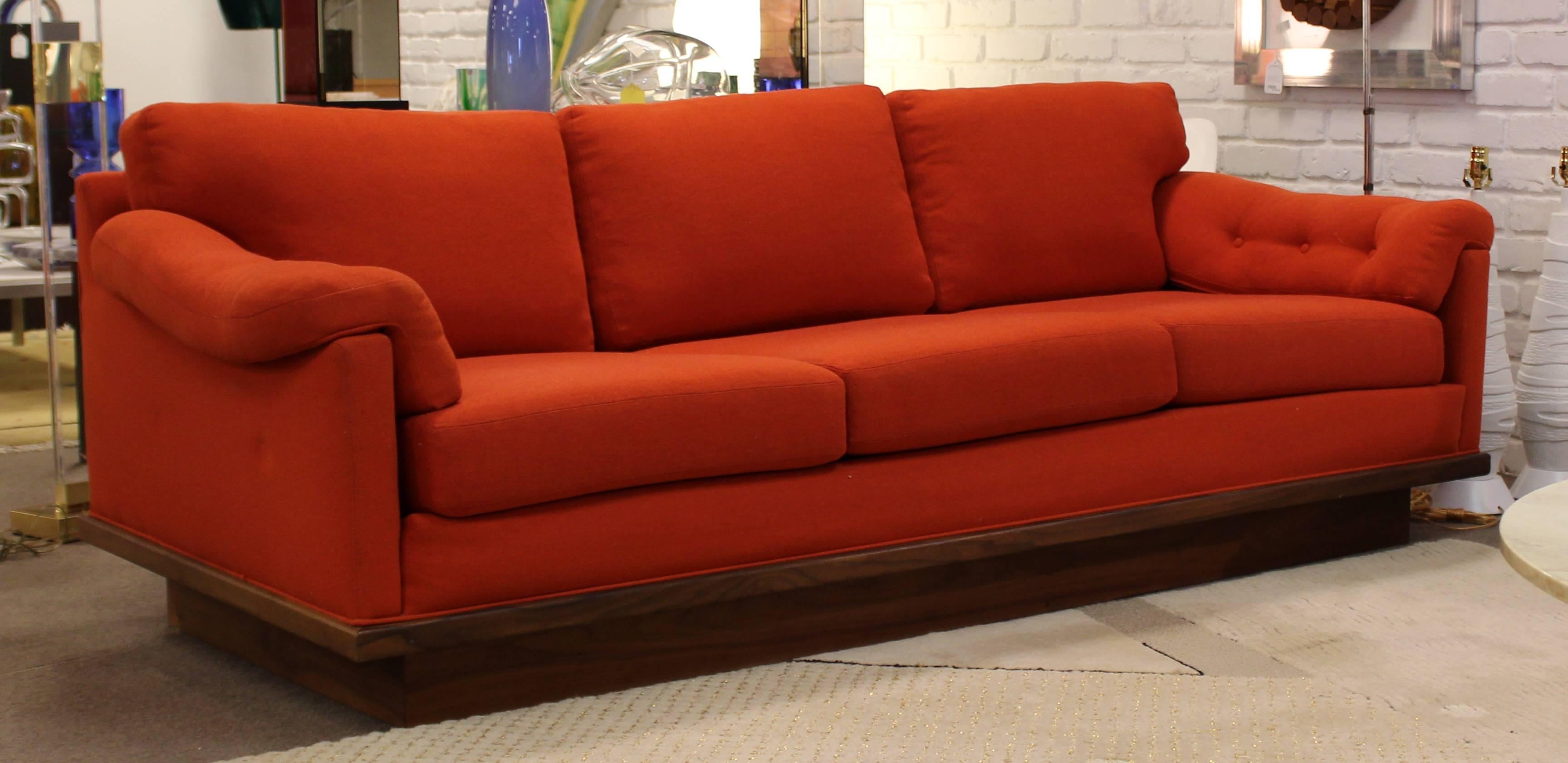 American Mid-Century Modern Baughman for James Walnut Plinth Base Three-Seat Sofa Orange