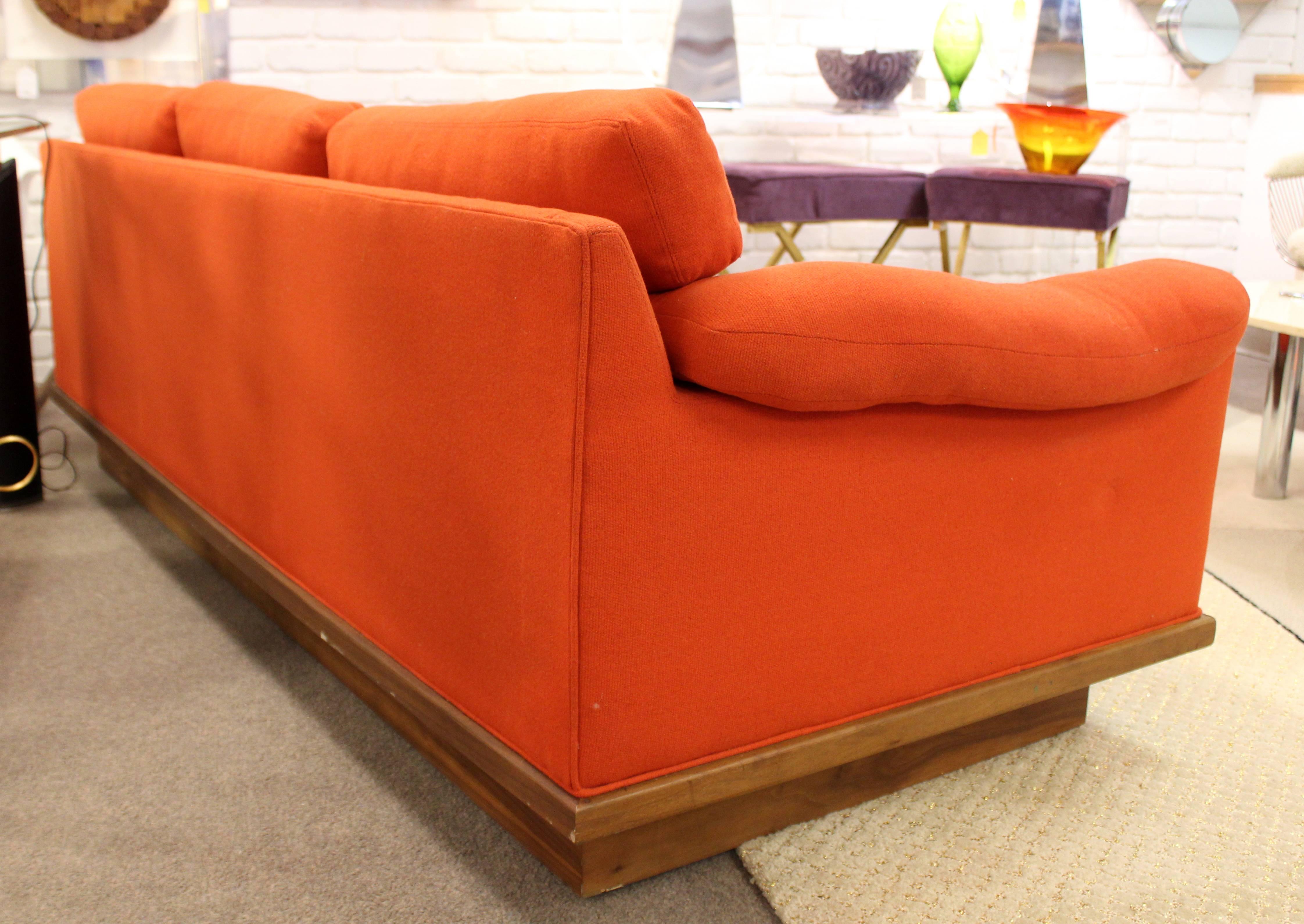 Upholstery Mid-Century Modern Baughman for James Walnut Plinth Base Three-Seat Sofa Orange