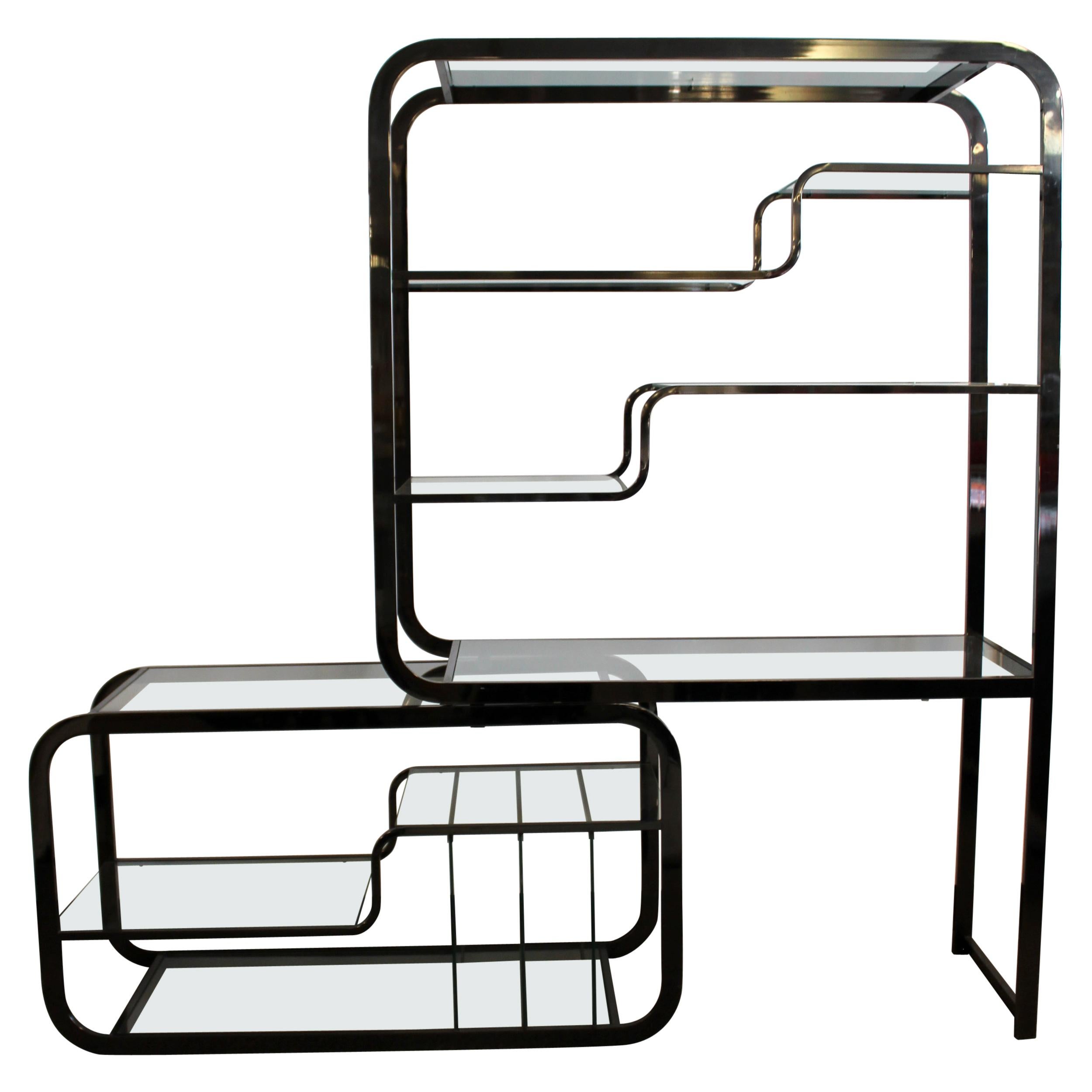 Mid-Century Modern Gunmetal Glass Expandable Shelving Unit Étagère