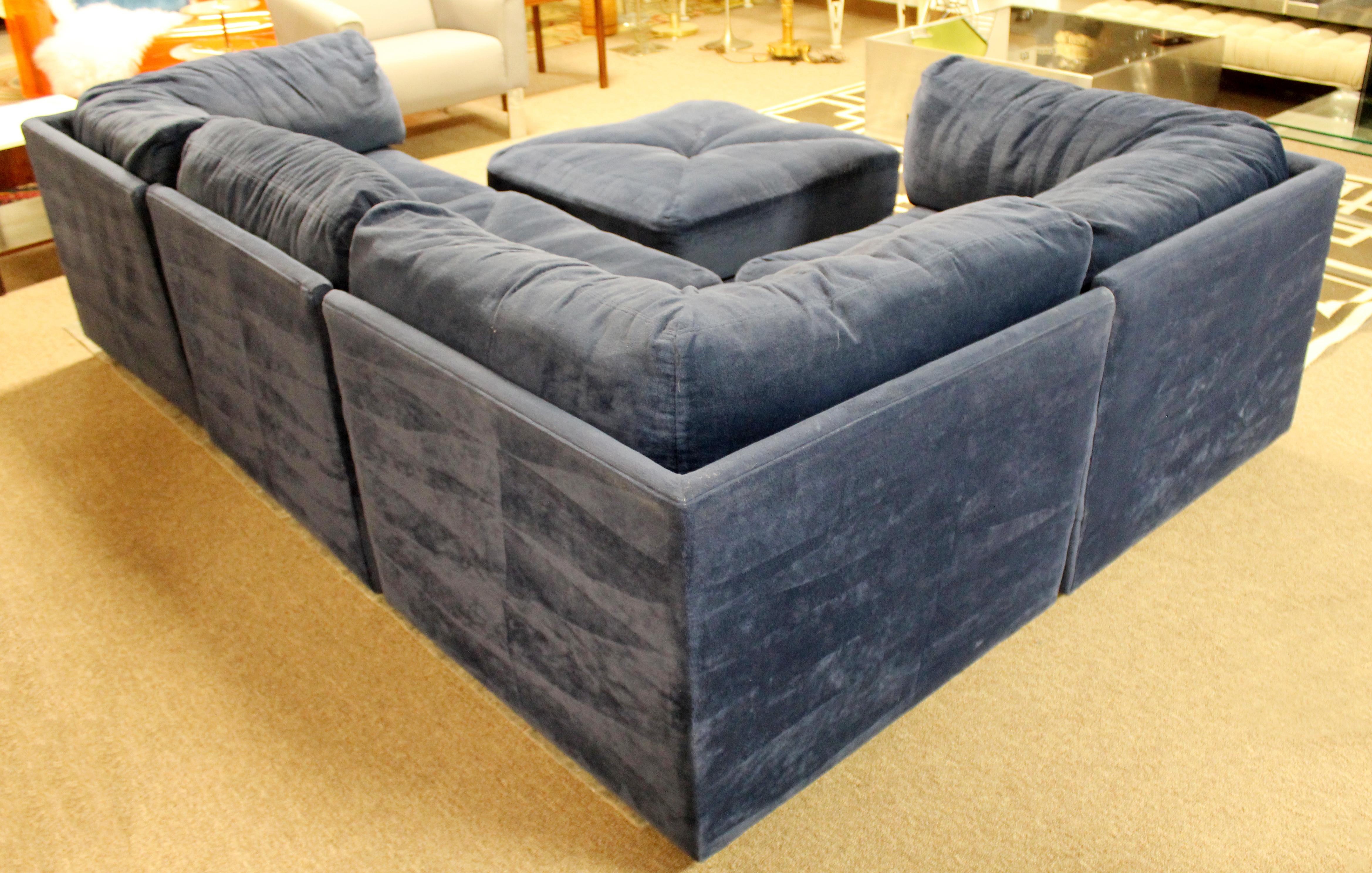 Velvet Mid-Century Modern Baughman Modular Blue Sectional Sofa Conversation Pit, 1980s