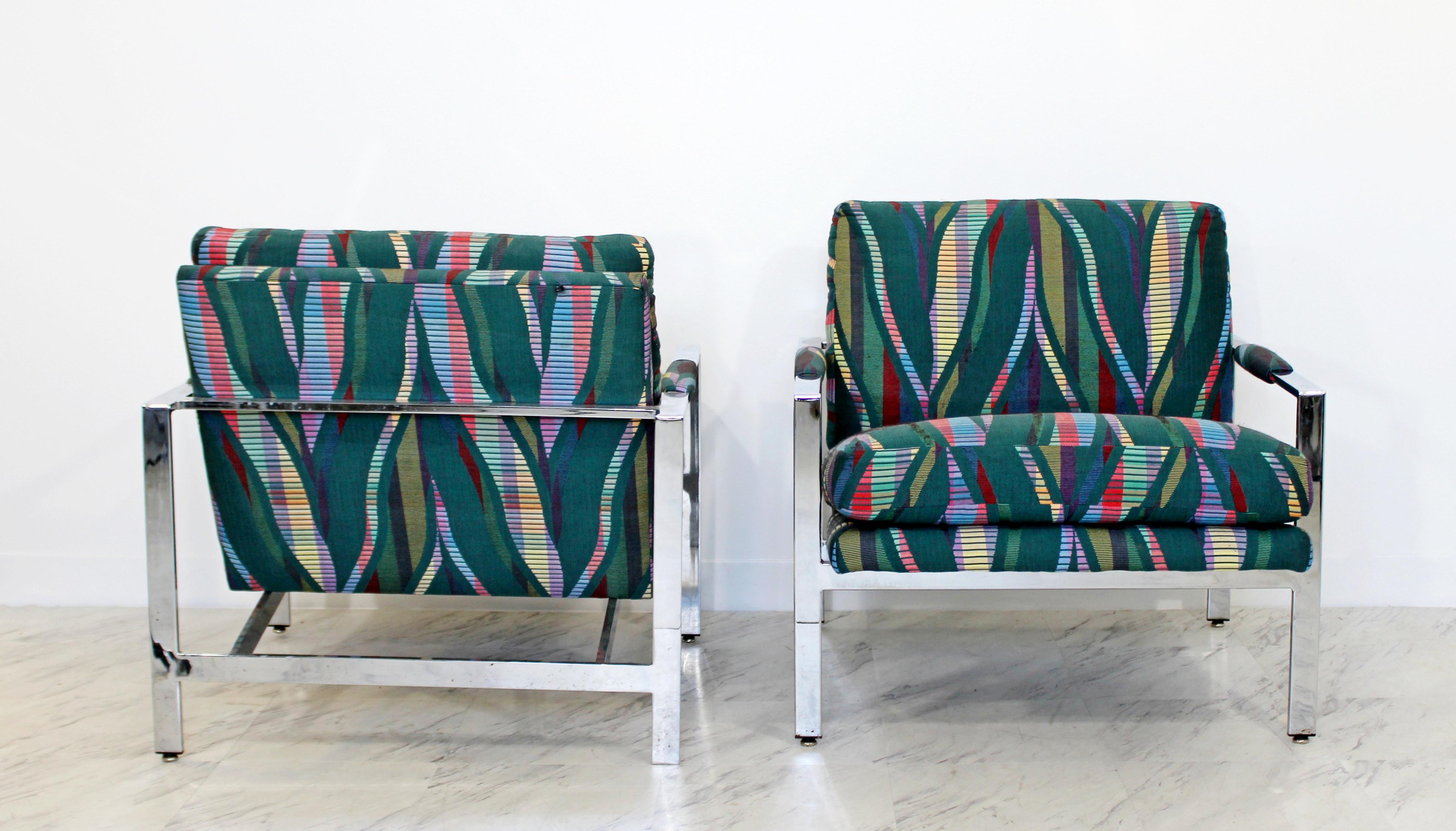 Fabric Mid-Century Modern Baughman Pair Chrome Flatbar Lounge Chairs Lenor Larsen Era