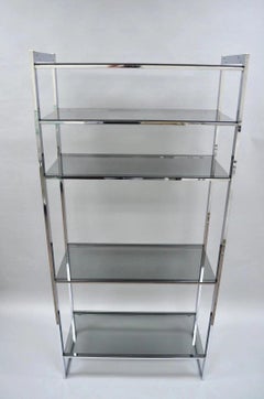 Mid Century Modern Baughman Style Chrome Smoked Glass Etagere Bookcase Shelf