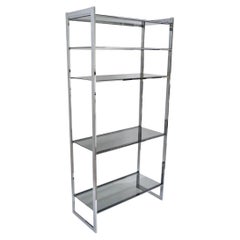 Mid Century Modern Baughman Style Chrome Smoked Glass Etagere Bookcase Shelf