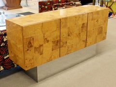 Mid-Century Modern Baughman Thayer Coggin Burl Wood Chrome Plinth Credenza 1970s
