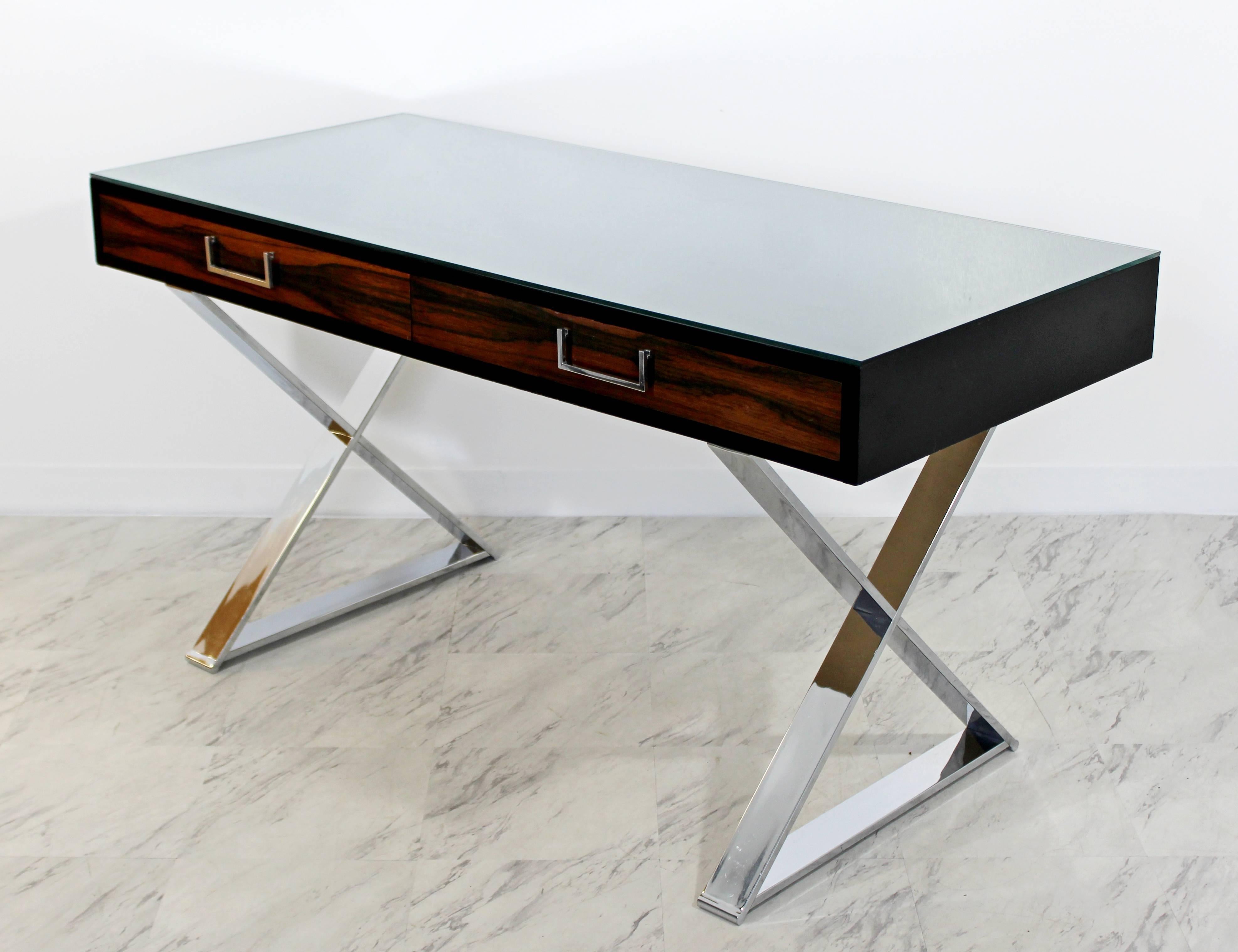 Mid-Century Modern Baughman Thayer Coggin Rosewood Chrome Glass Campaign X Desk In Good Condition In Keego Harbor, MI