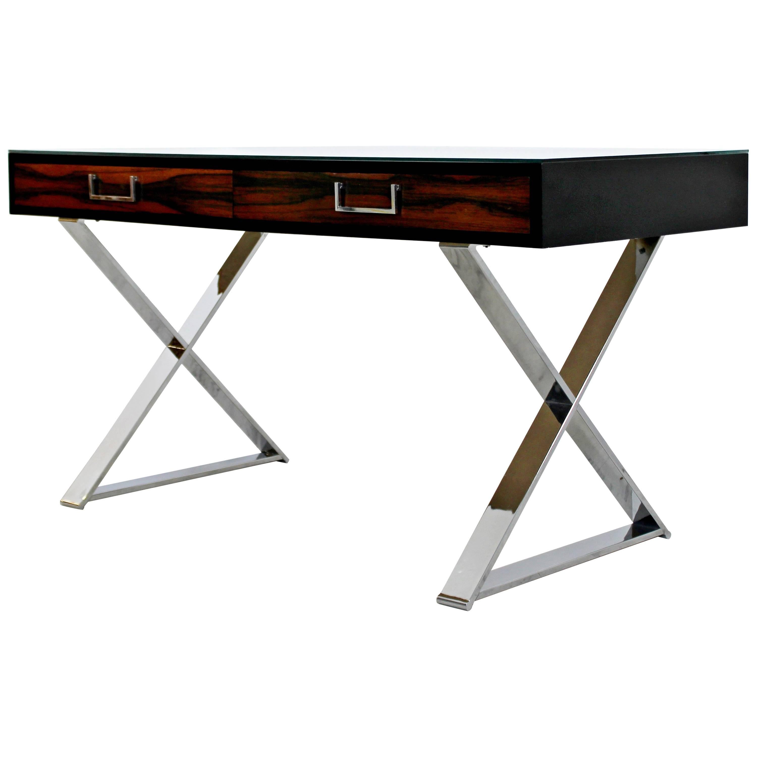 Mid-Century Modern Baughman Thayer Coggin Rosewood Chrome Glass Campaign X Desk