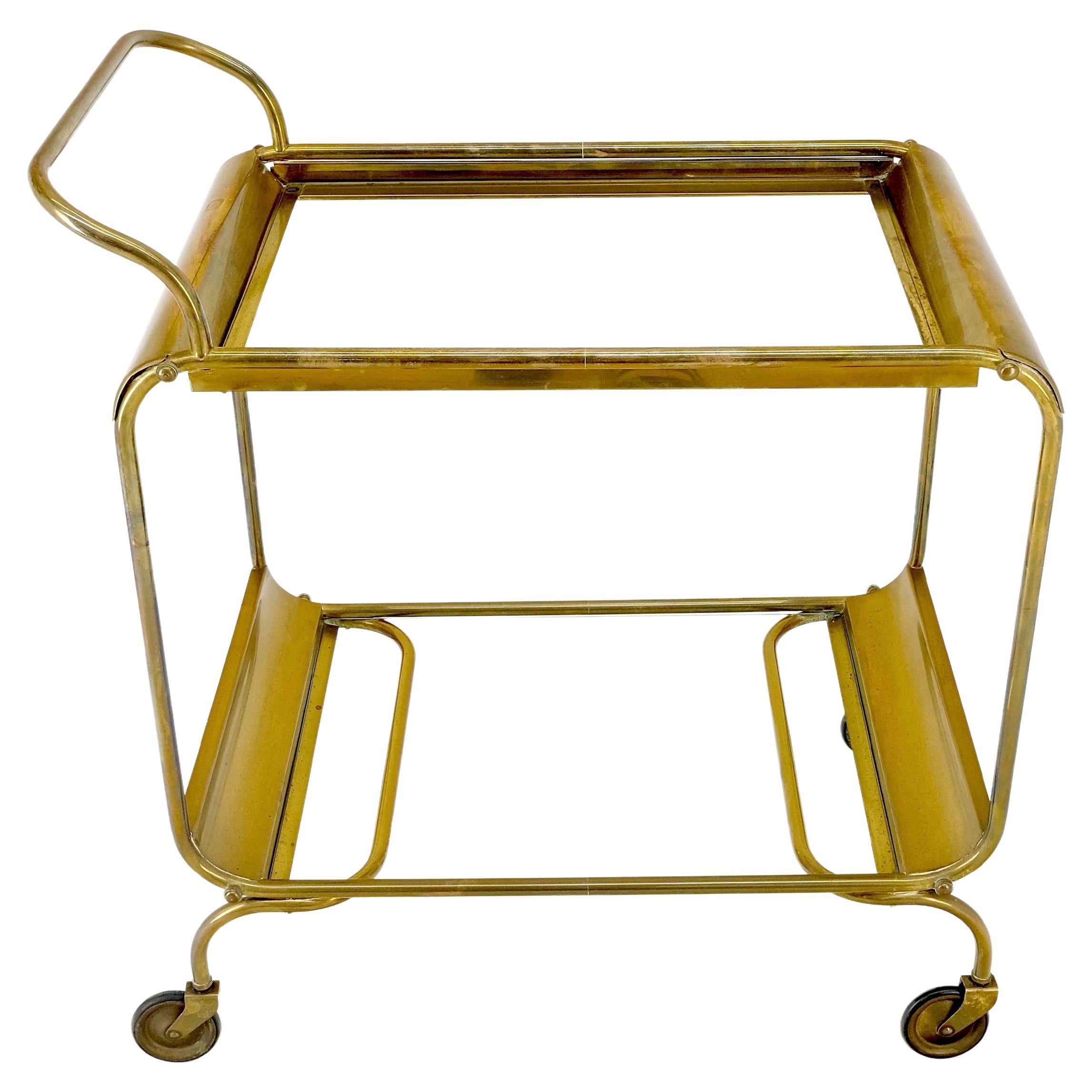 American Mid-Century Modern Bauhaus Style Solid Brass Bend Tube & Glass Serving Cart Bar